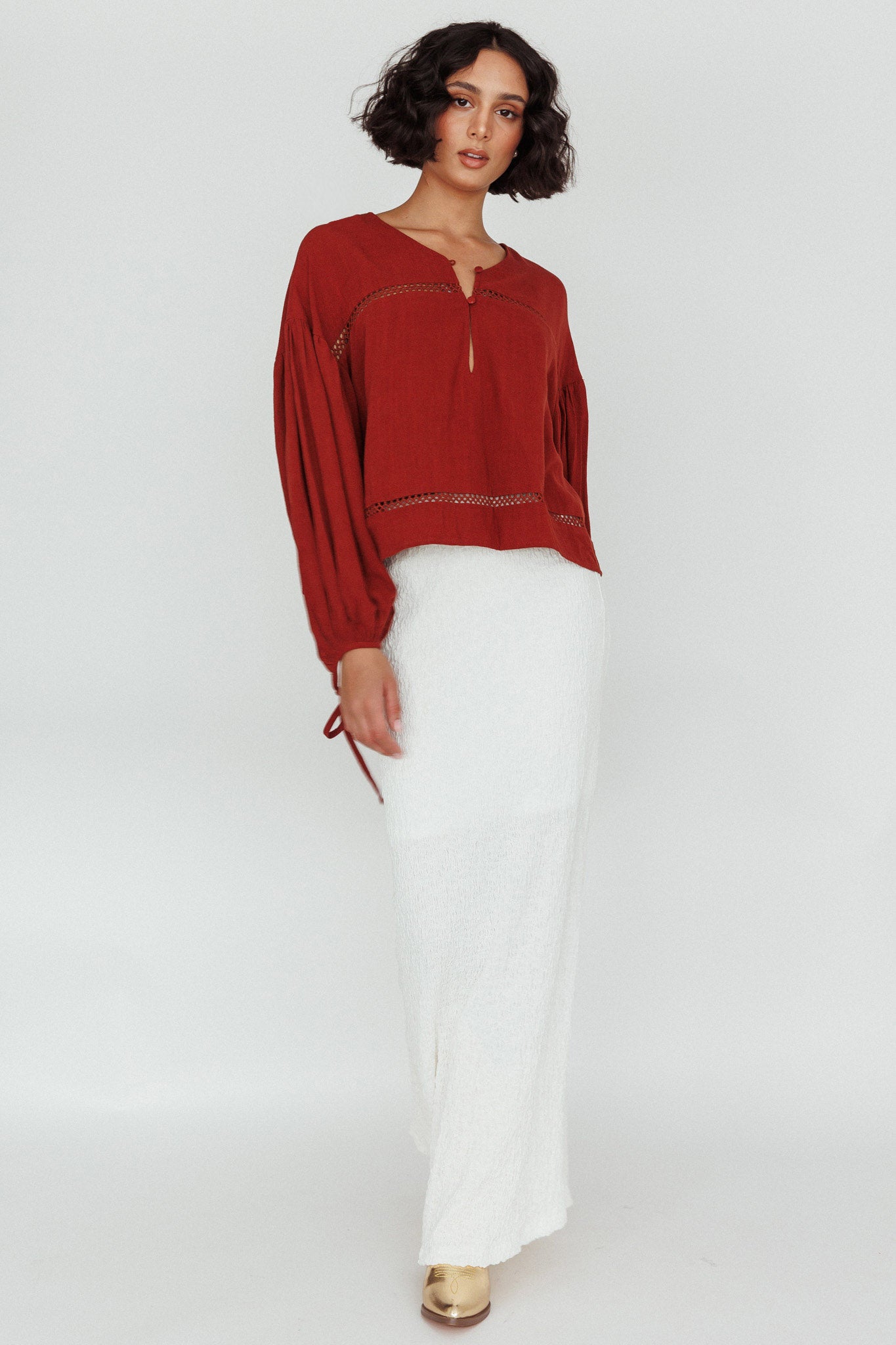 Waltz Long Sleeve Embroidery Trim Top Tobacco by Selfie Leslie