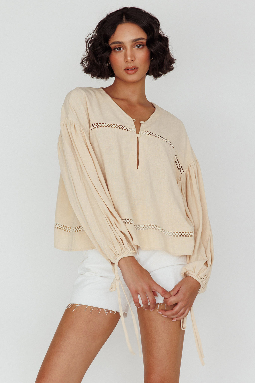 Waltz Long Sleeve Embroidery Trim Top Wheat by Selfie Leslie