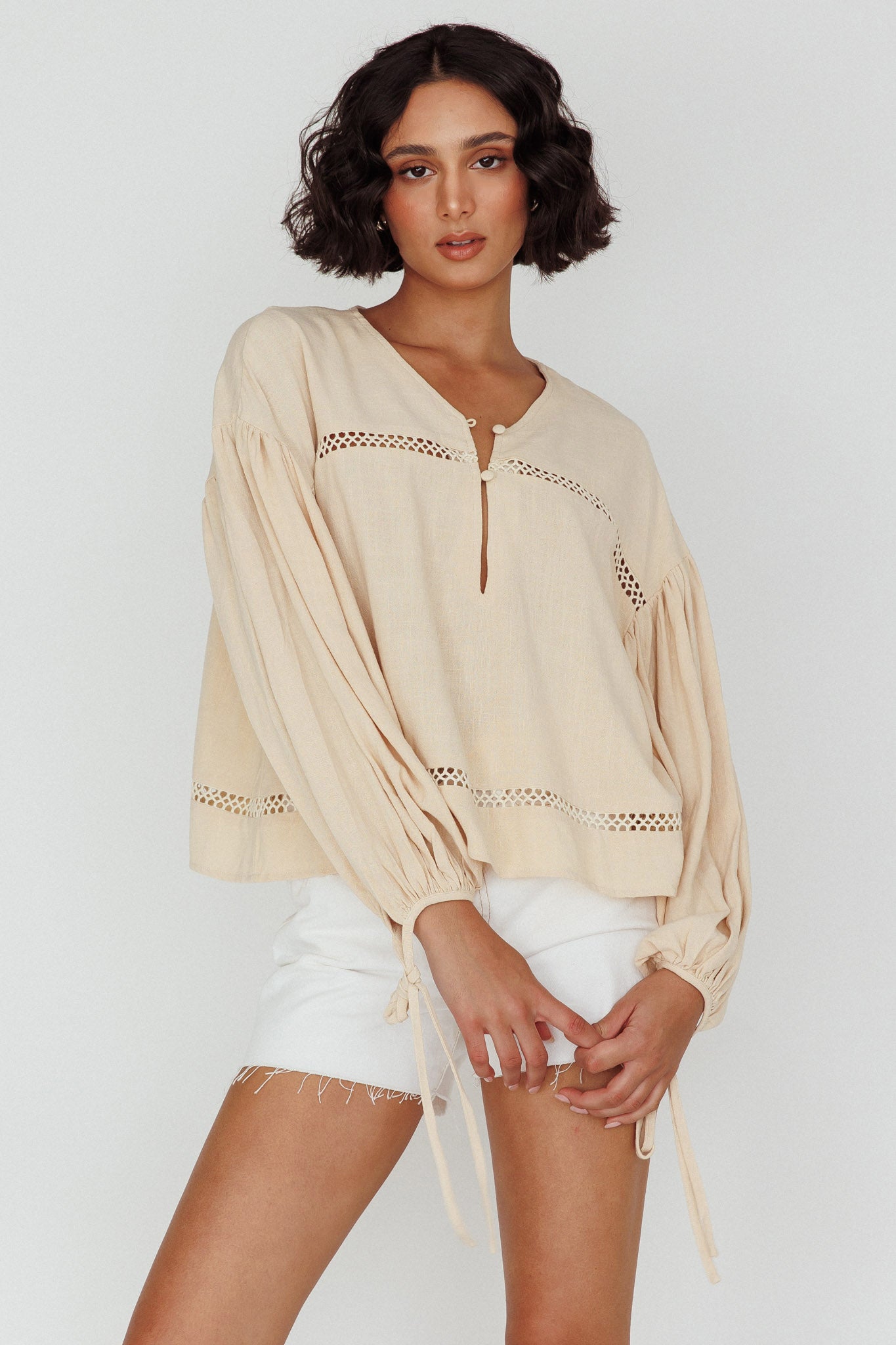 Waltz Long Sleeve Embroidery Trim Top Wheat by Selfie Leslie