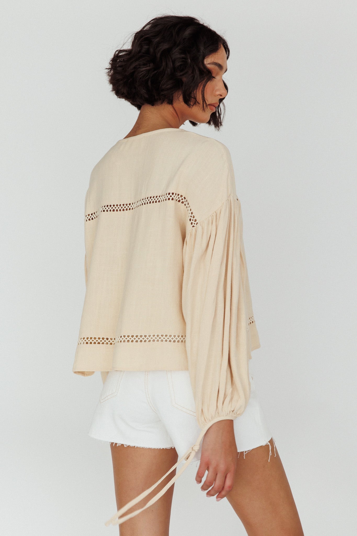 Waltz Long Sleeve Embroidery Trim Top Wheat by Selfie Leslie
