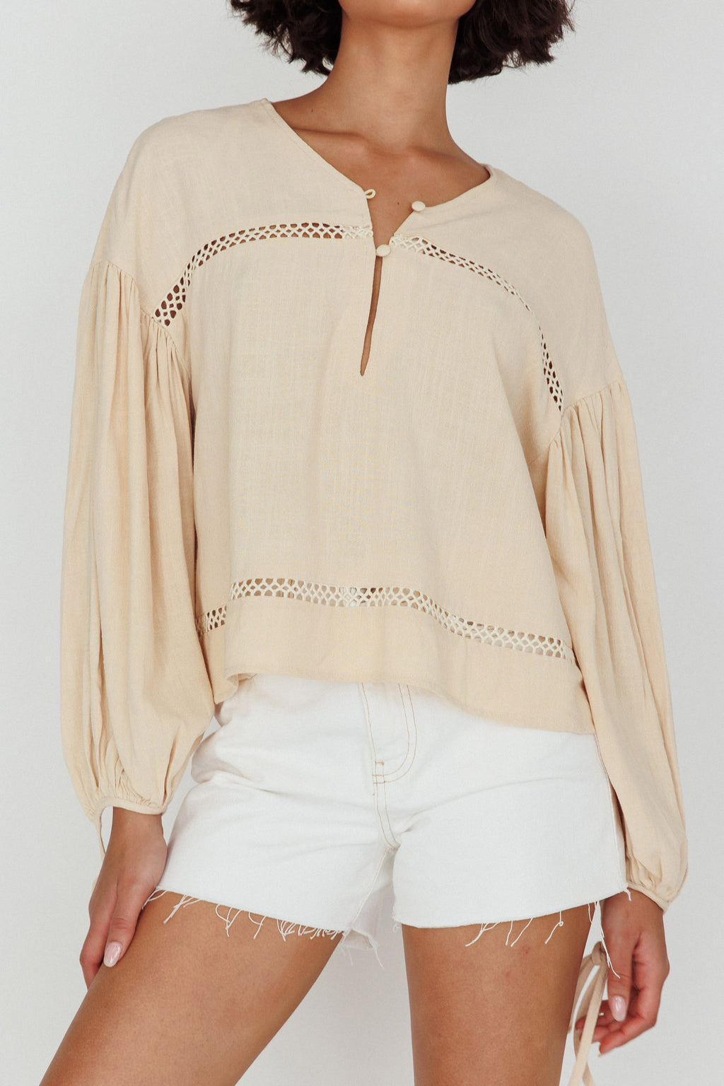 Waltz Long Sleeve Embroidery Trim Top Wheat by Selfie Leslie