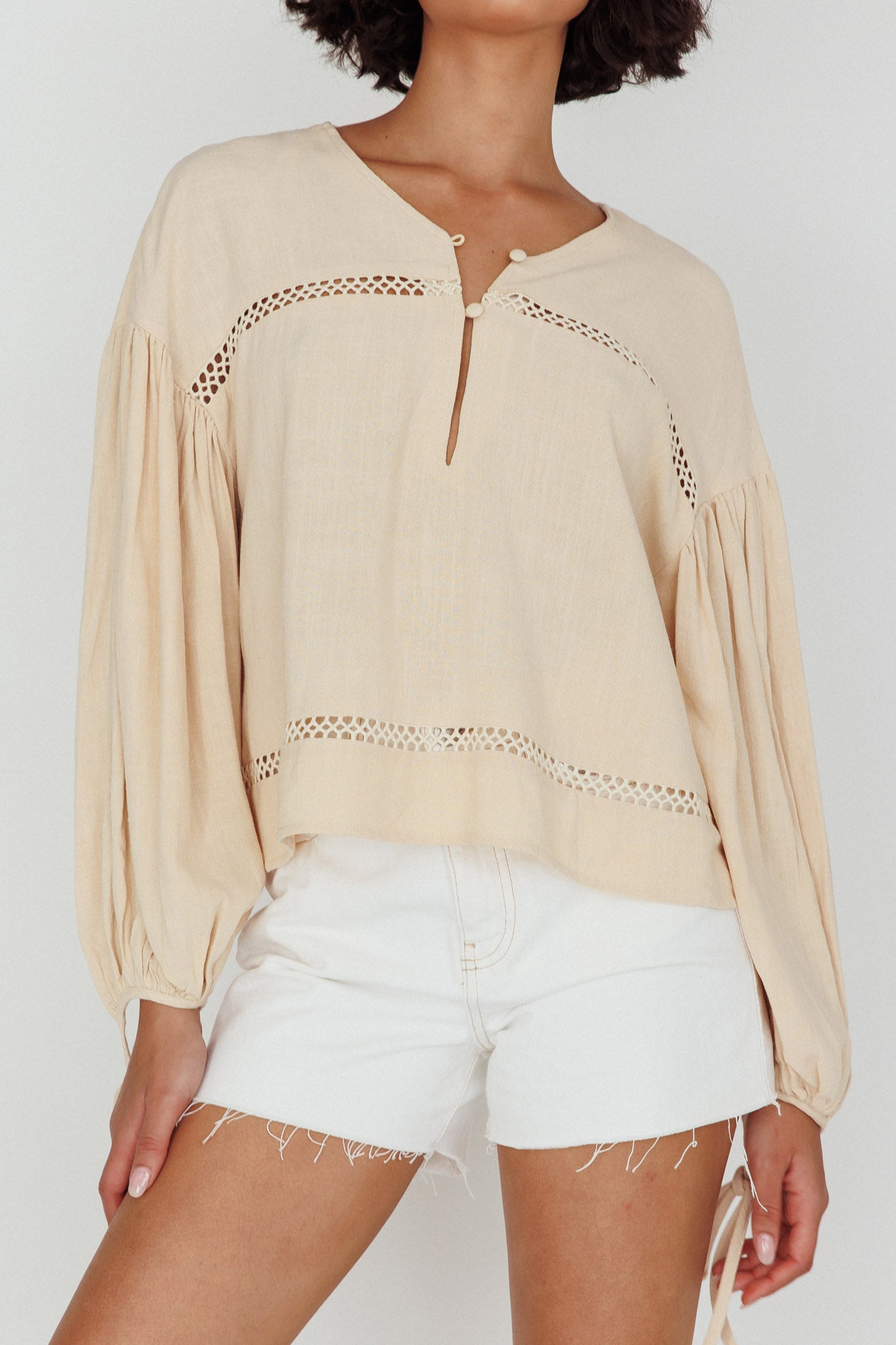 Waltz Long Sleeve Embroidery Trim Top Wheat by Selfie Leslie