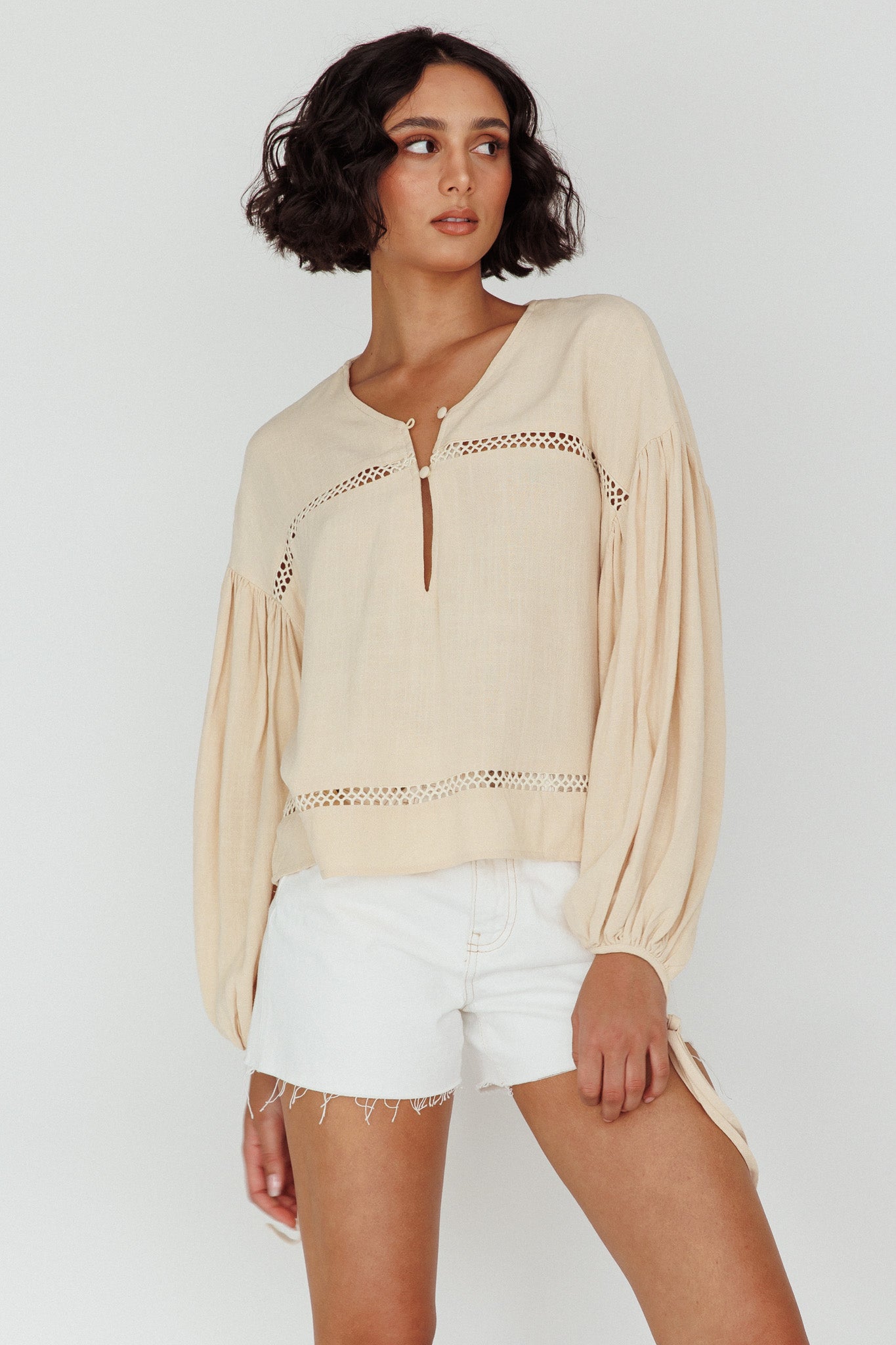 Waltz Long Sleeve Embroidery Trim Top Wheat by Selfie Leslie