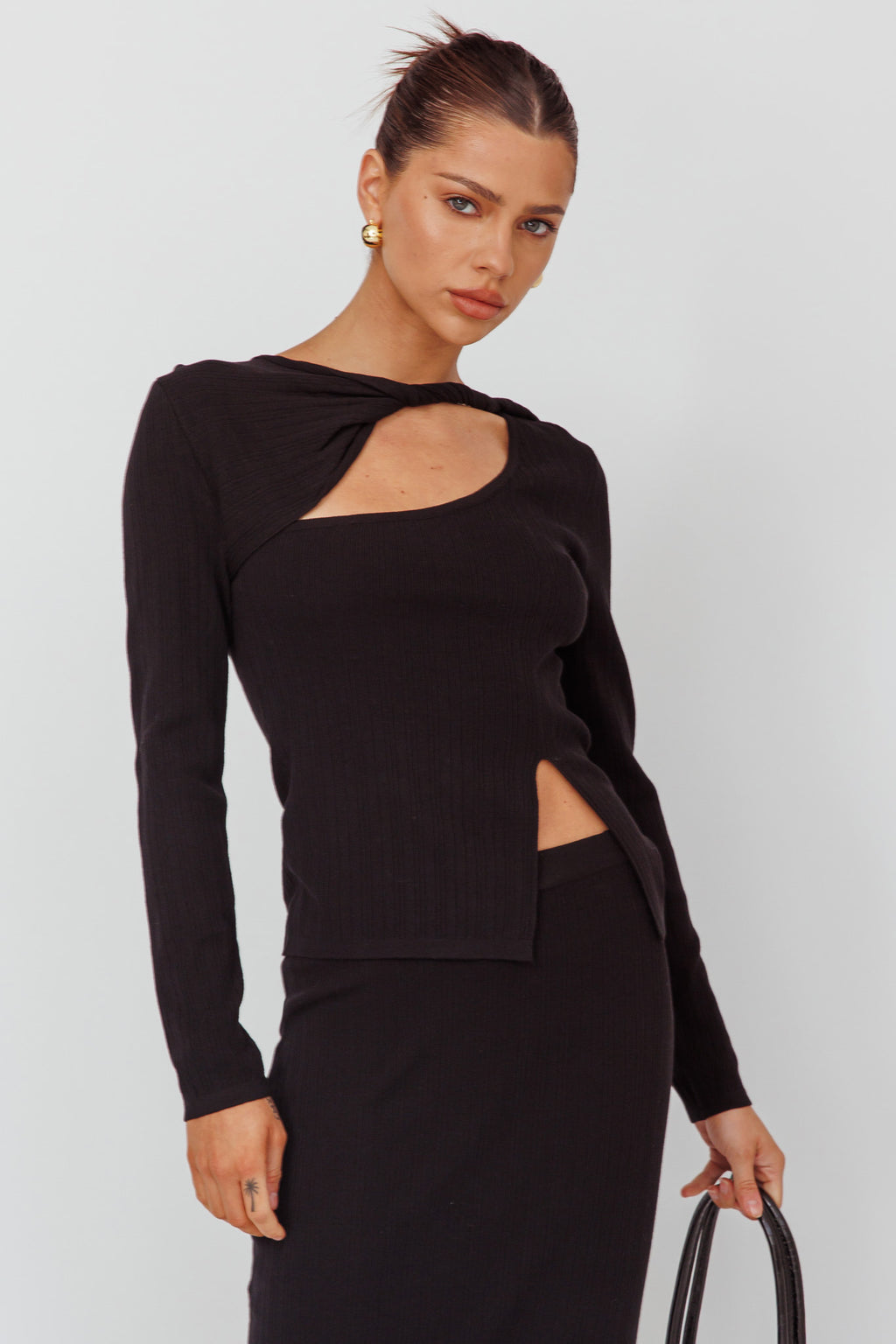 Rossana Twist Neck Keyhole Top Black by Selfie Leslie