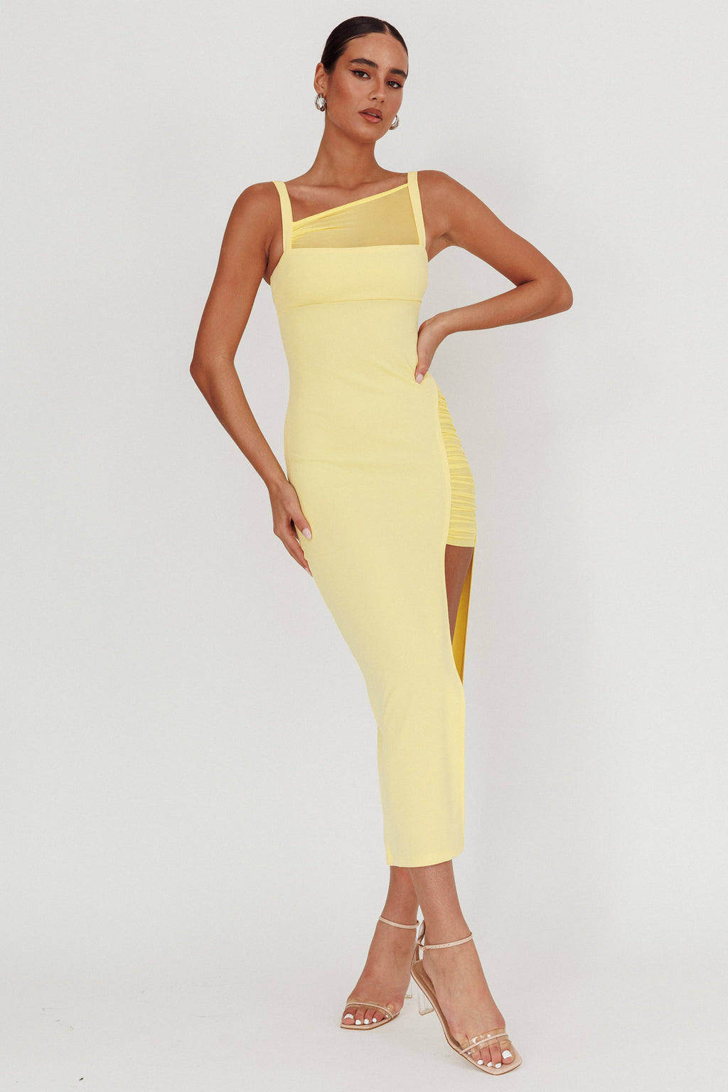 Zenya Split Ruched Maxi Dress Butter by Selfie Leslie