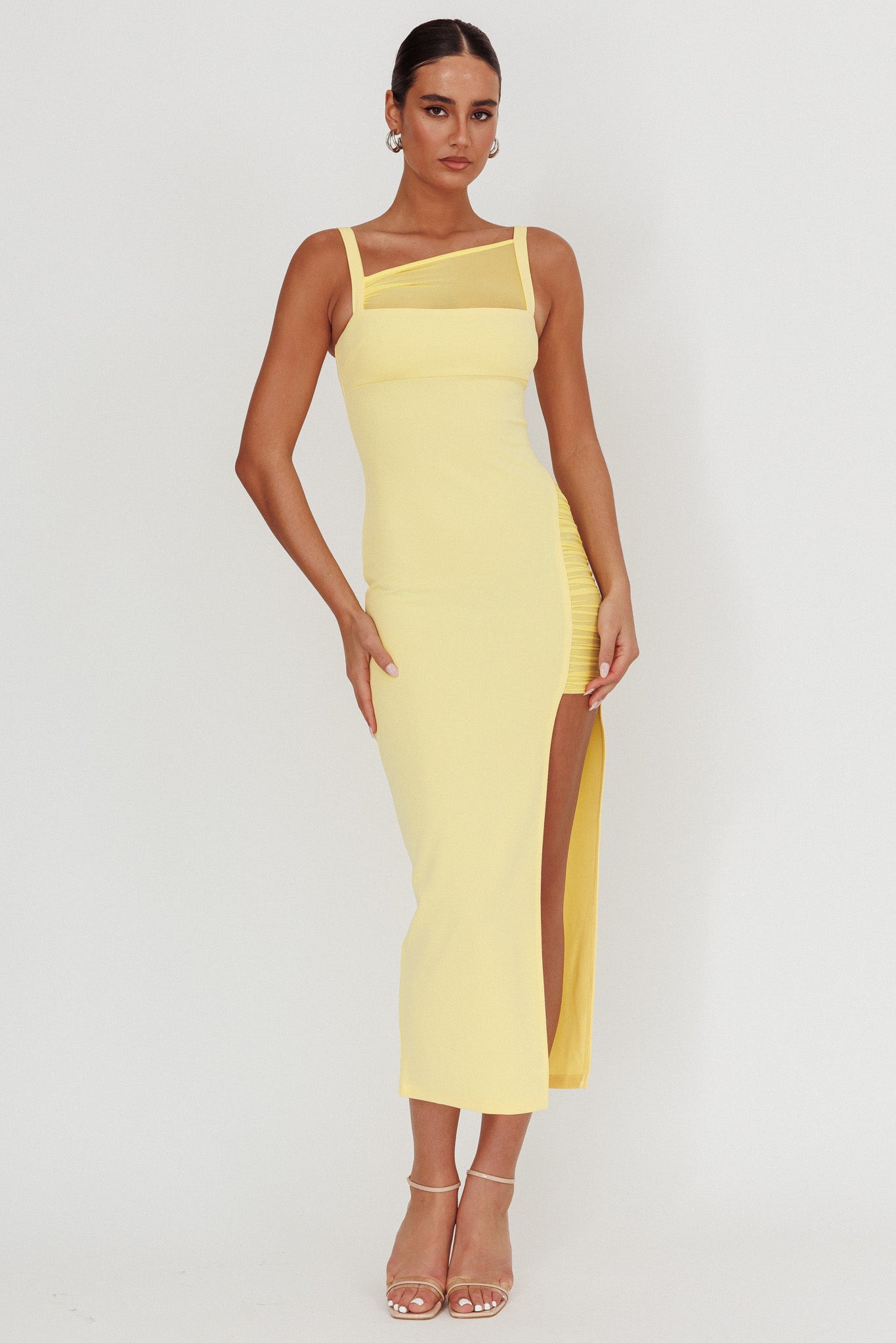 Zenya Split Ruched Maxi Dress Butter by Selfie Leslie