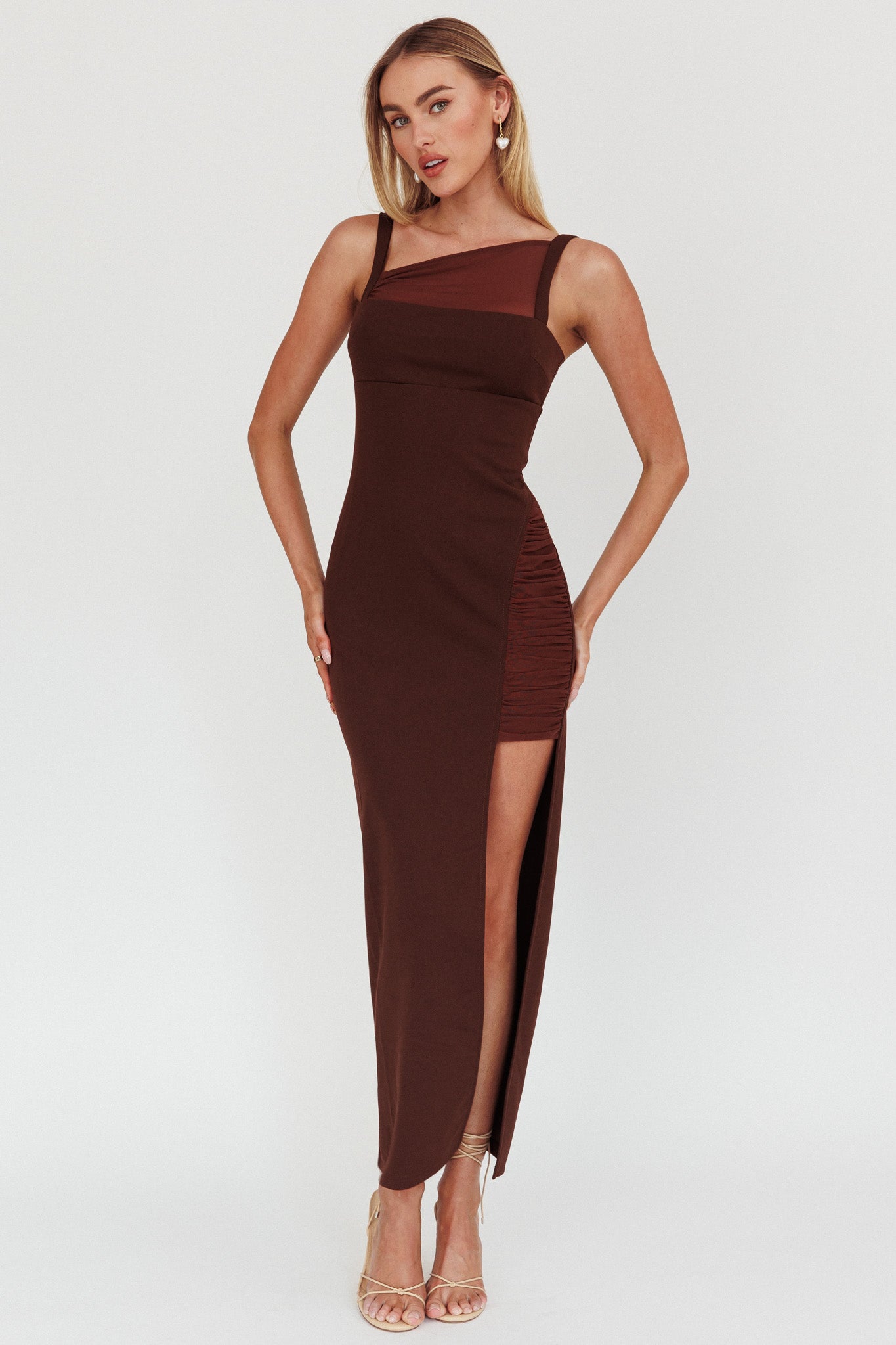 Zenya Split Ruched Maxi Dress Chocolate by Selfie Leslie