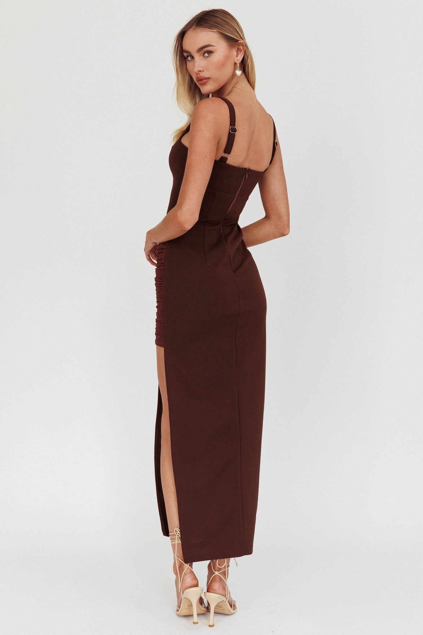 Zenya Split Ruched Maxi Dress Chocolate by Selfie Leslie