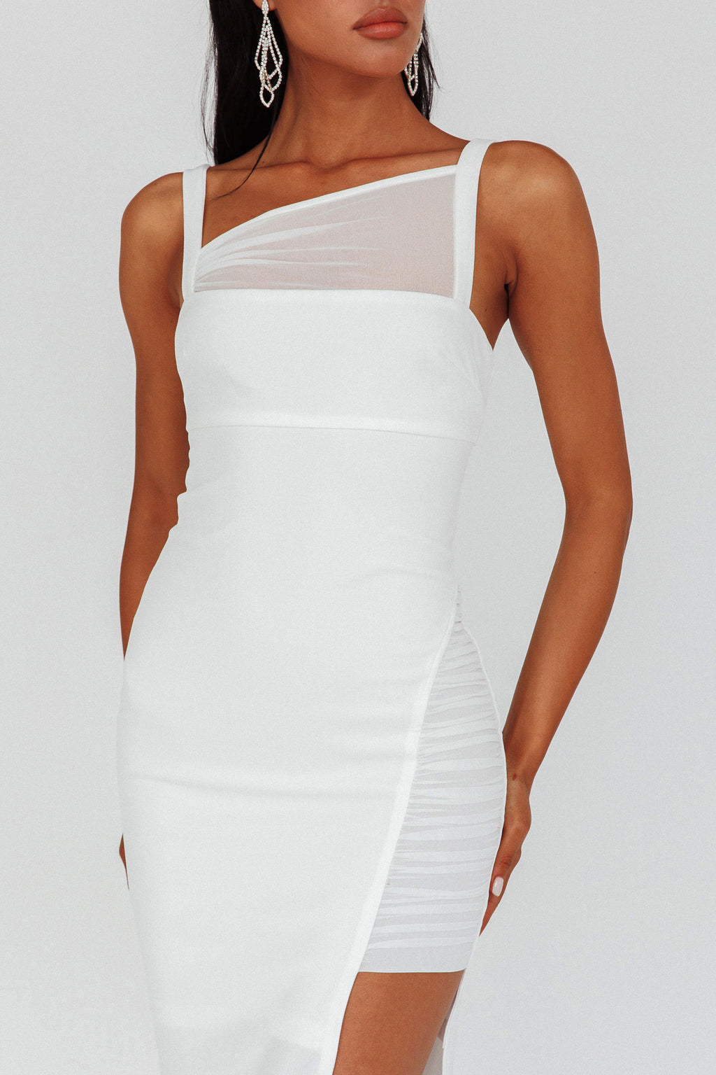 Zenya Split Ruched Midi Dress White by Selfie Leslie