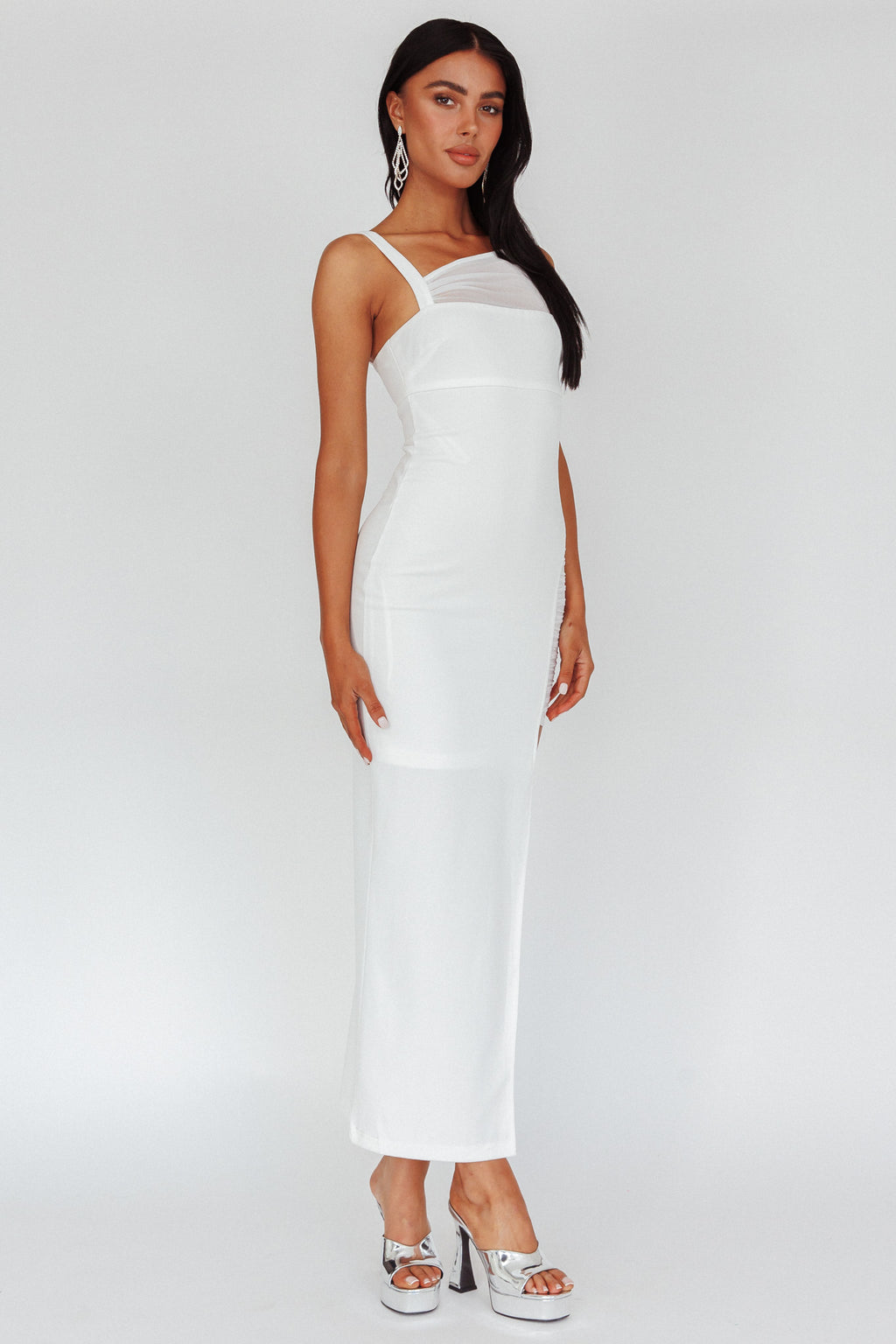 Zenya Split Ruched Midi Dress White by Selfie Leslie