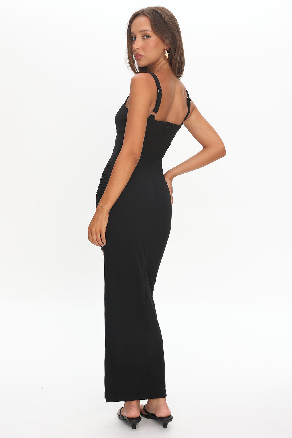 Zenya Split Ruched Midi Dress Black by Selfie Leslie