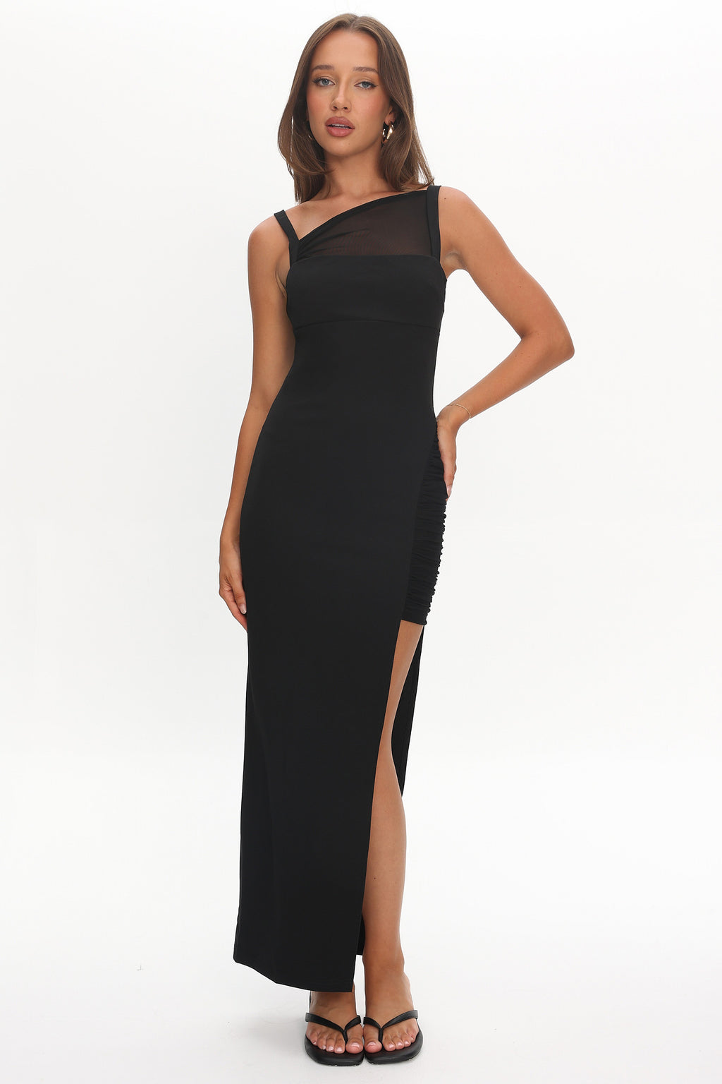 Zenya Split Ruched Midi Dress Black by Selfie Leslie
