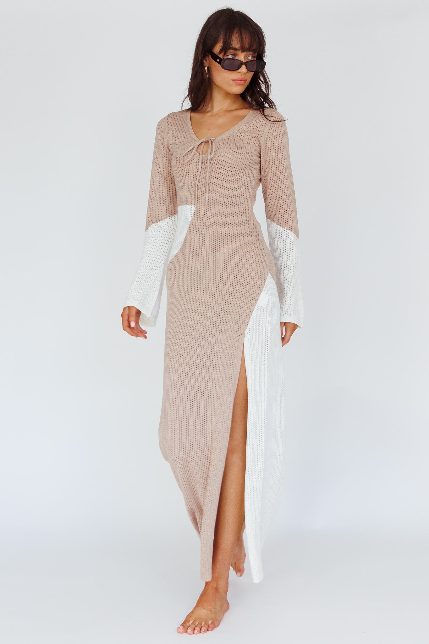 Women's Dresses Karsen Long Sleeve Crochet Maxi Dress Beige L by Selfie Leslie Clearance