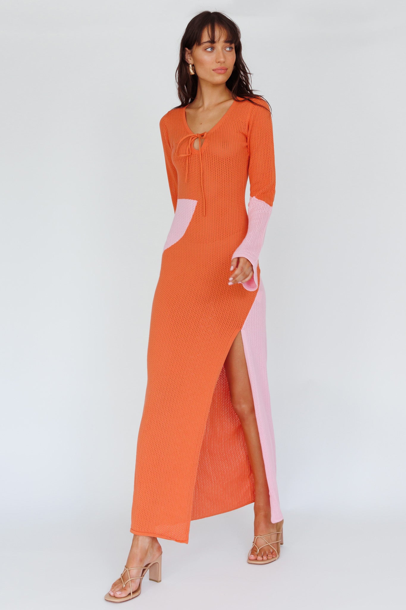 Karsen Long Sleeve Crochet Maxi Dress Orange by Selfie Leslie