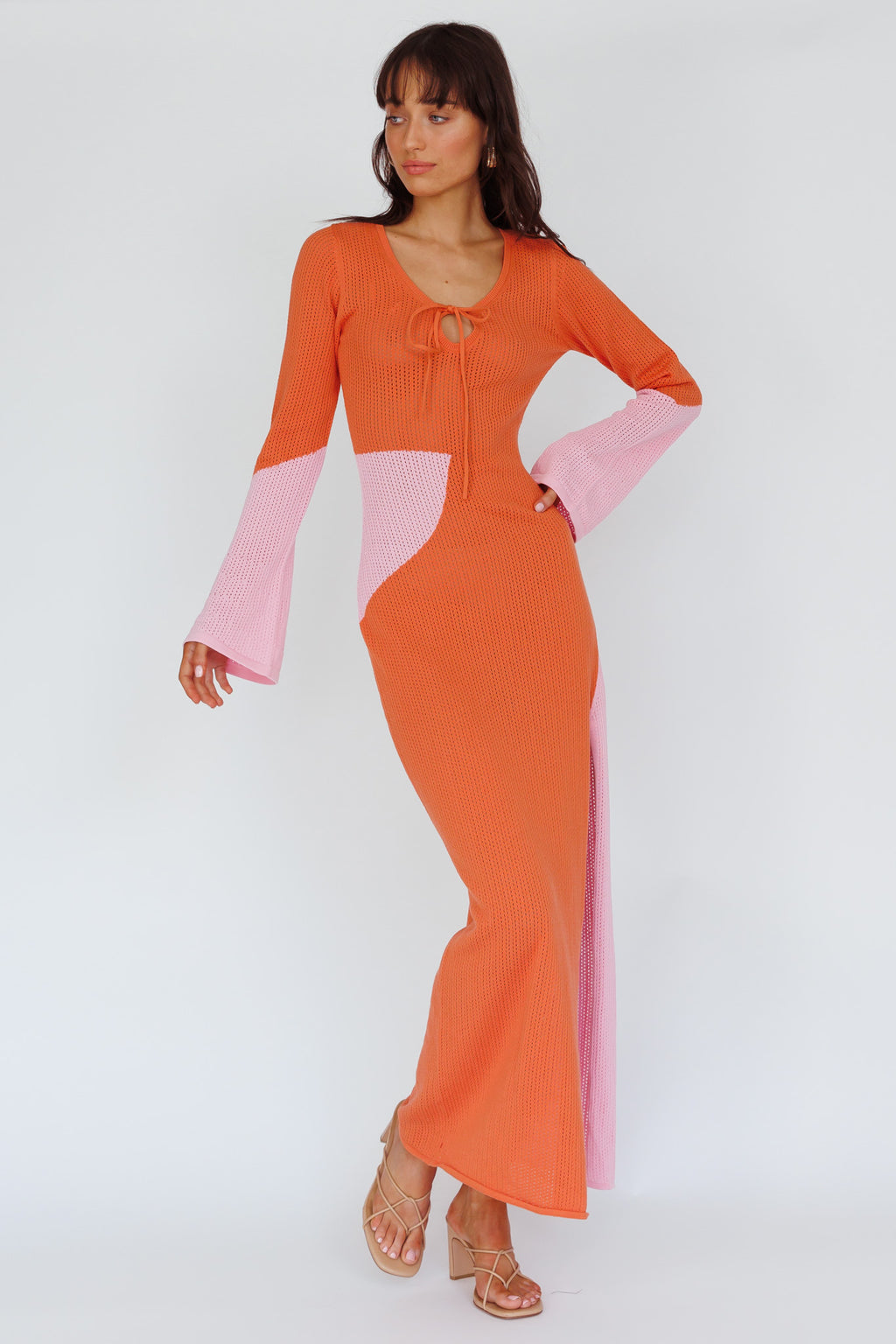 Karsen Long Sleeve Crochet Maxi Dress Orange by Selfie Leslie