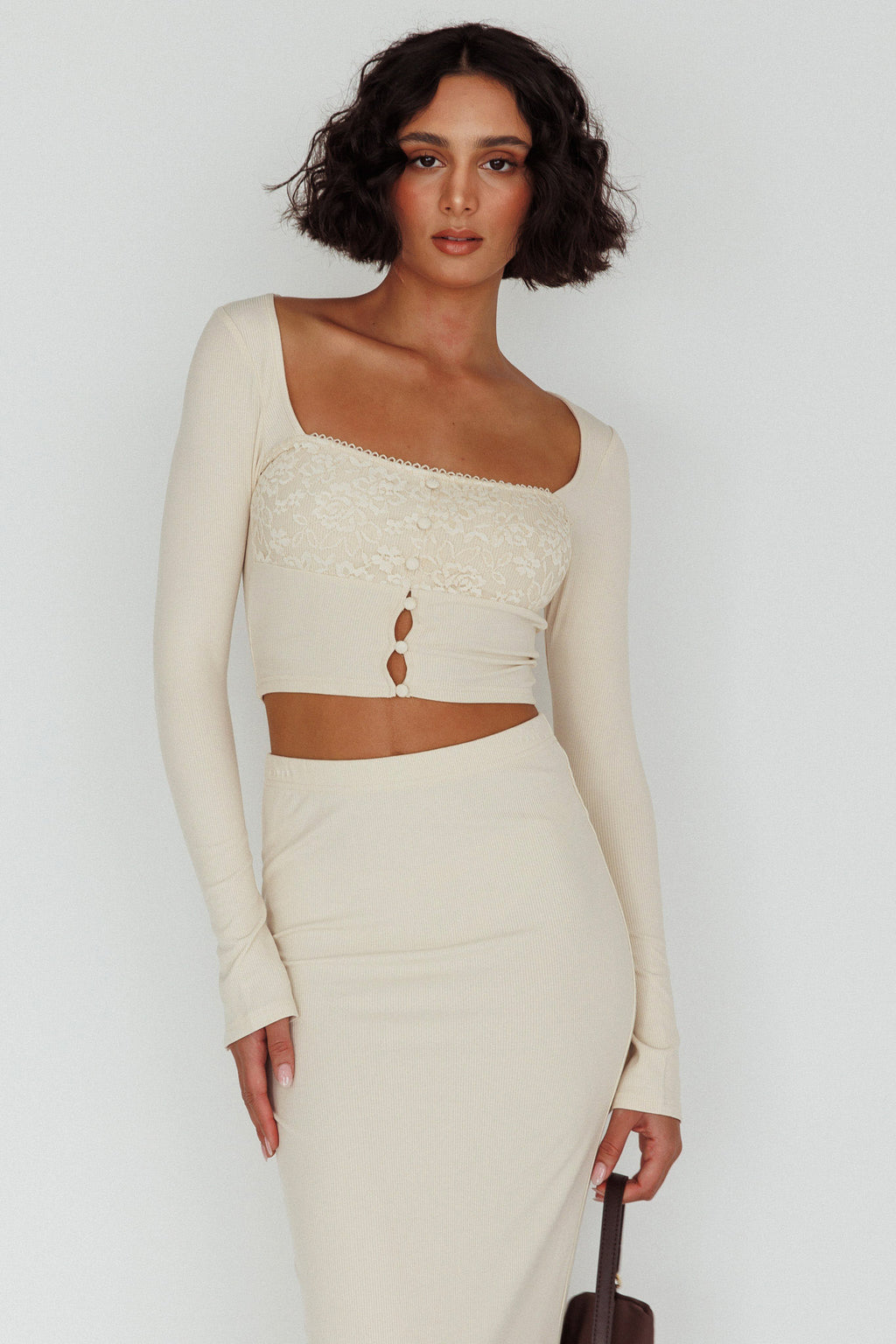Lauryn Lace Bust Long Sleeve Top Beige by Selfie Leslie