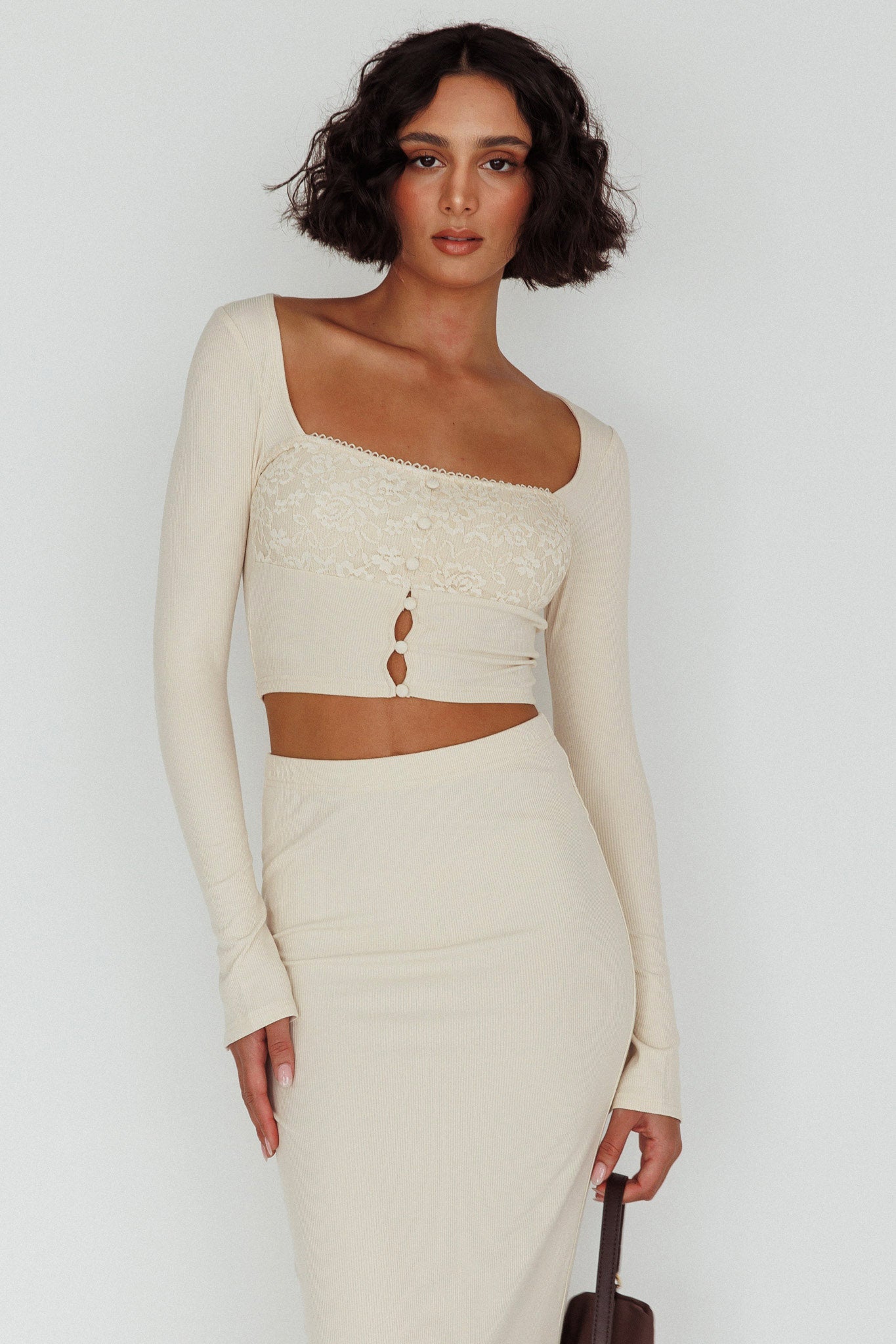 Lauryn Lace Bust Long Sleeve Top Beige by Selfie Leslie