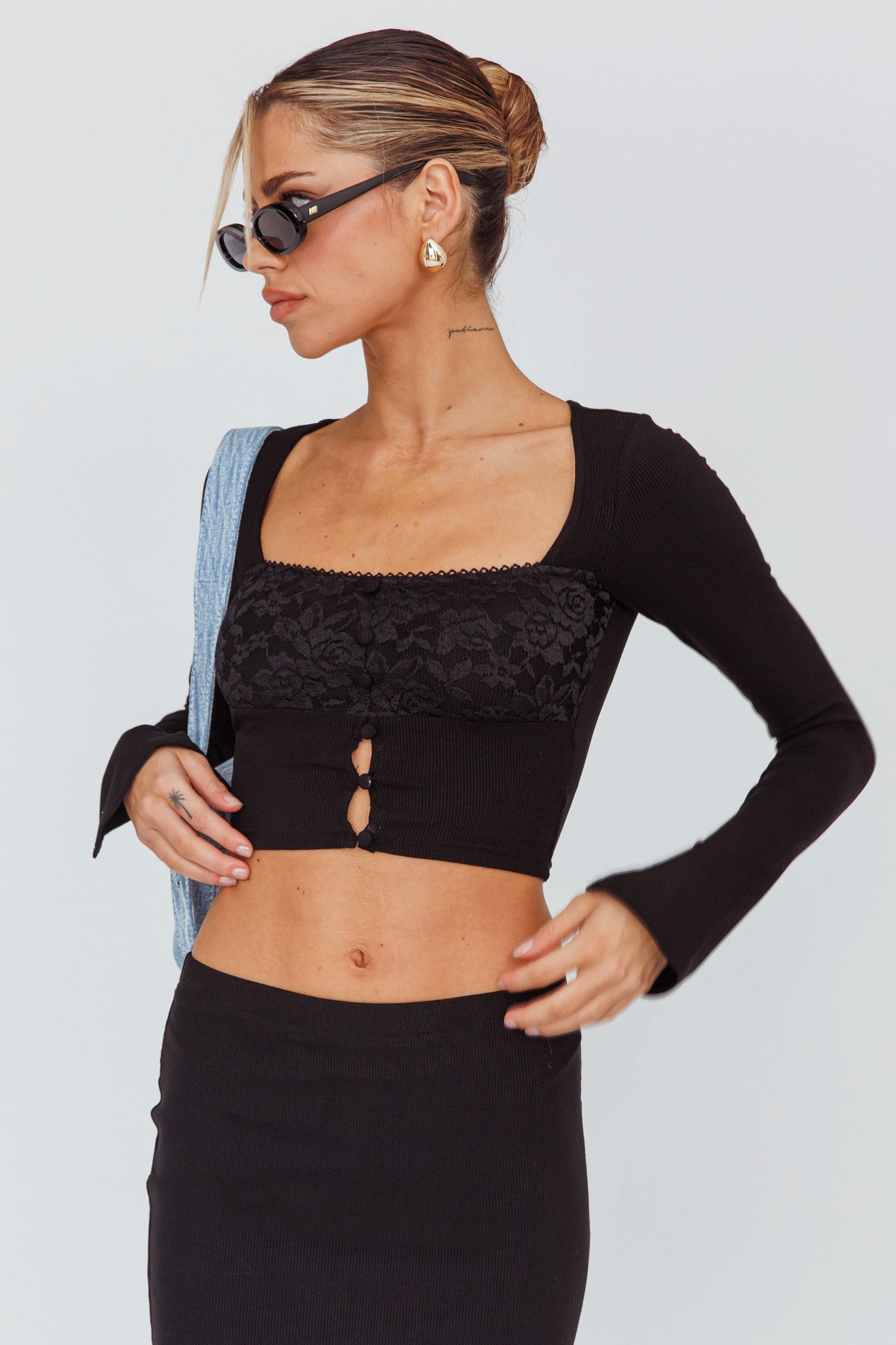 Lauryn Lace Bust Long Sleeve Top Black by Selfie Leslie