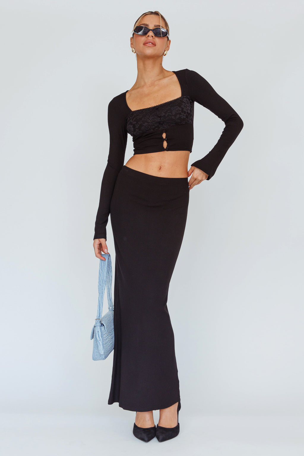 Lauryn Lace Bust Long Sleeve Top Black by Selfie Leslie