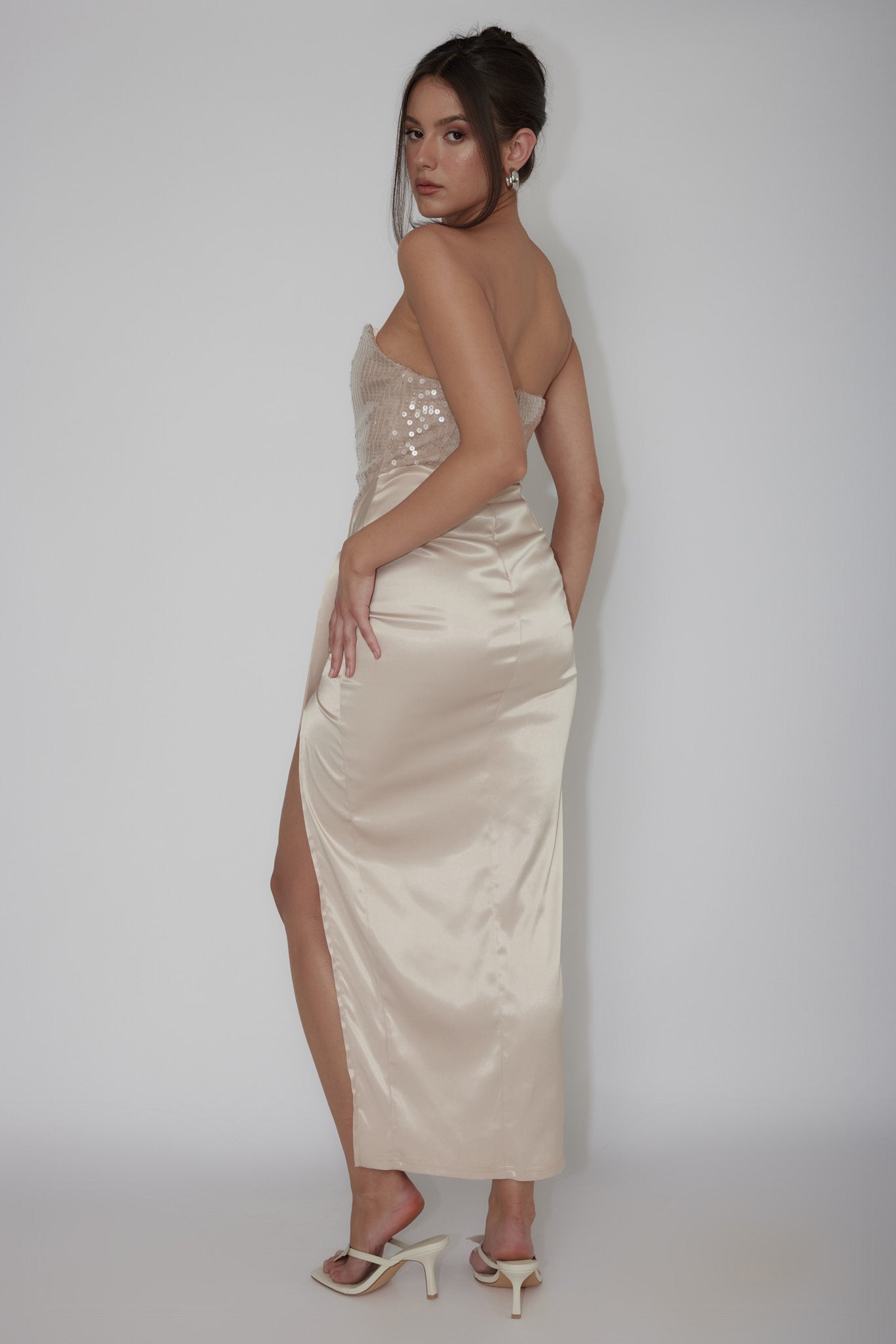 kamea nude satin backless midi dress product info and reviews Yadira Sequin Bodice Satin Midi Dress Nude– Selfie Leslie