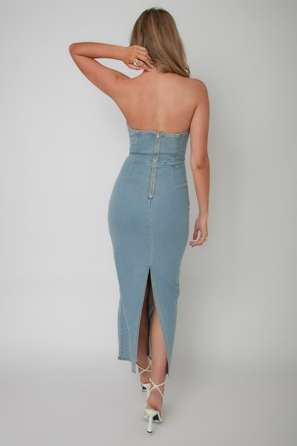Kialyn Strapless Midi Dress Denim Blue by Selfie Leslie