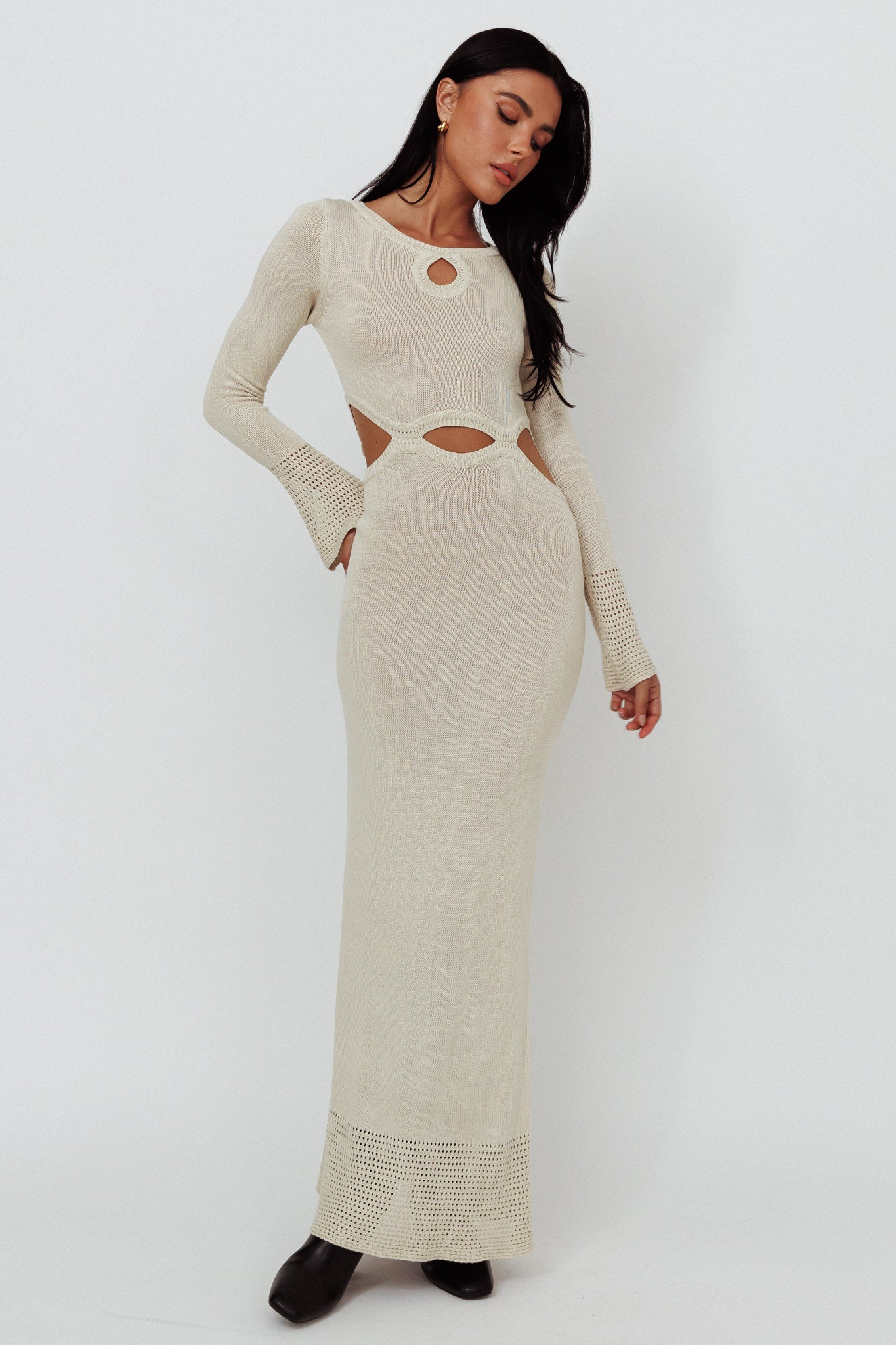 cut out knitted maxi dress Java Long Sleeve Cut-Out Knit Maxi Dress Coconut