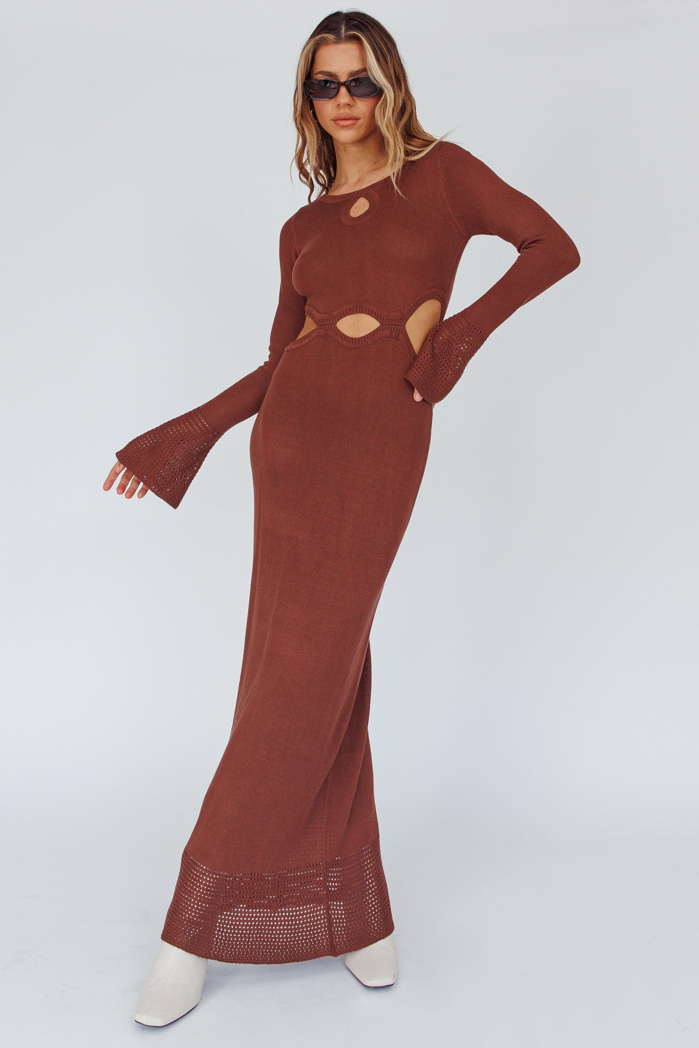 Shop the Long Sleeve Cut-Out Knit Maxi Dress Coffee