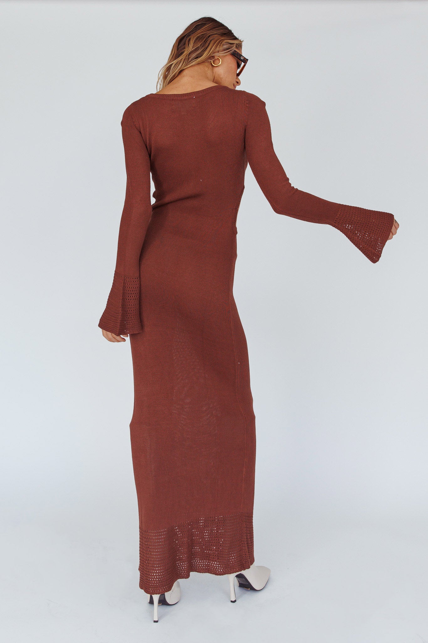 Long Sleeve Cut-Out Knit Maxi Dress Coffee - M Long Sleeve Cut-Out Knit Maxi Dress Coffee - M