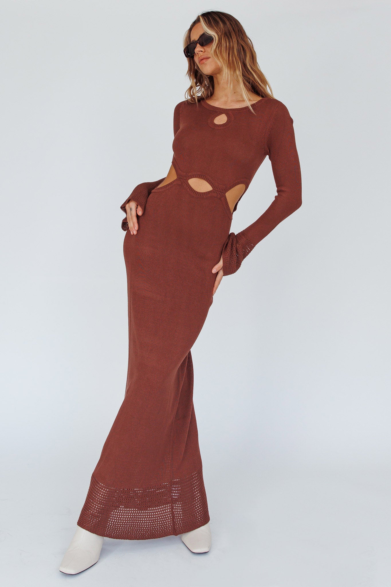 Long Sleeve Cut-Out Knit Maxi Dress Coffee by Selfie Leslie