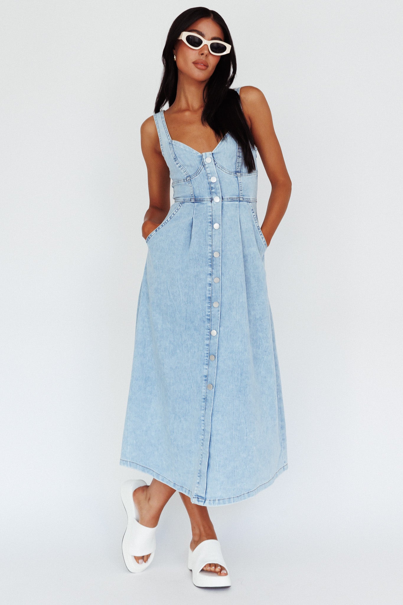 Pixie Dust Button Front Midi Dress Denim Blue– Selfie Leslie