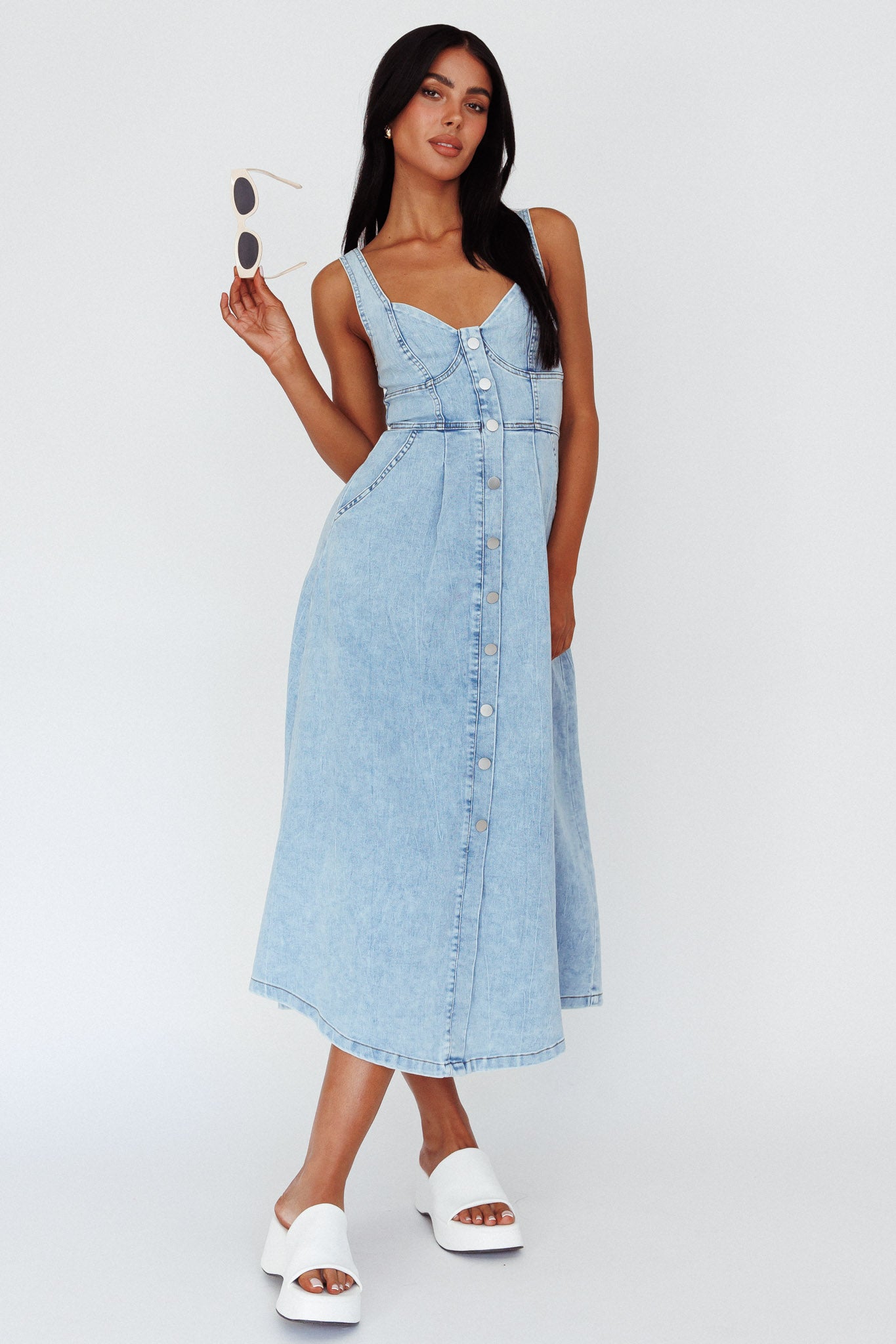 Pixie Dust Button Front Midi Dress Denim Blue– Selfie Leslie