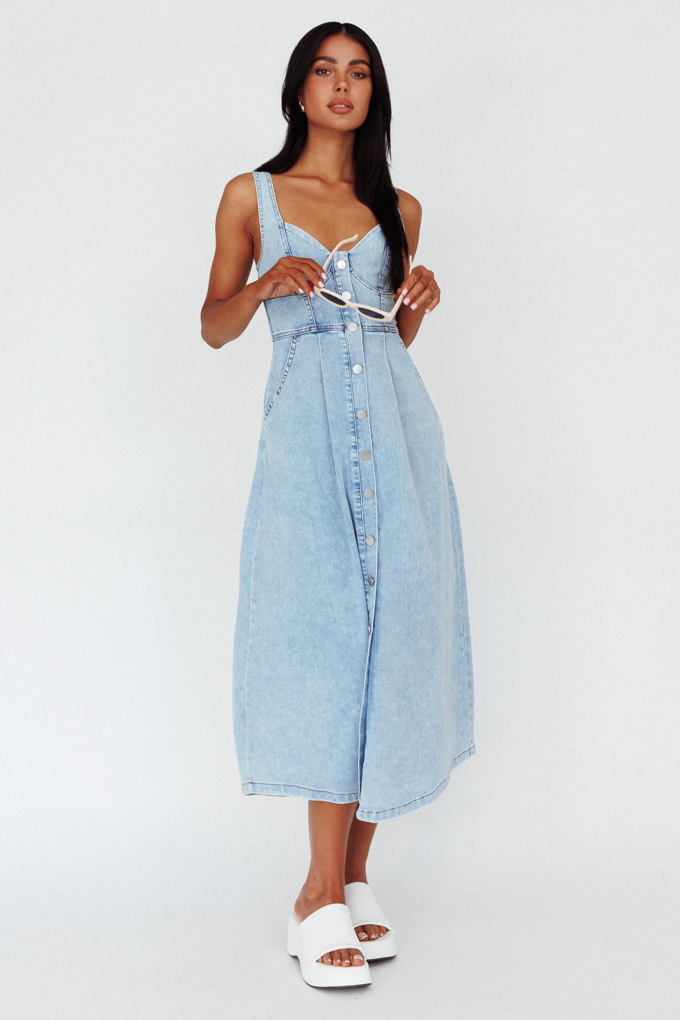 Pixie Dust Button Front Midi Dress Denim Blue | Selfie Leslie