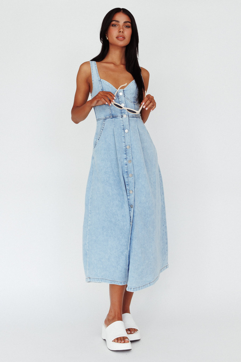 Pixie Dust Button Front Midi Dress Denim Blue by Selfie Leslie