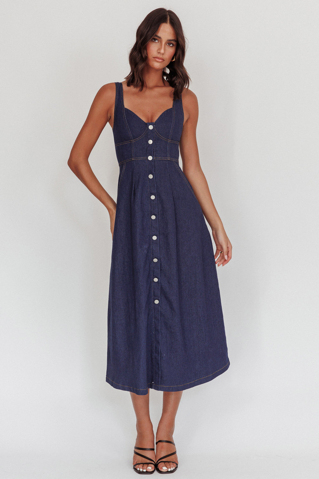 Pixie Dust Button Front Midi Dress Dark Denim by Selfie Leslie