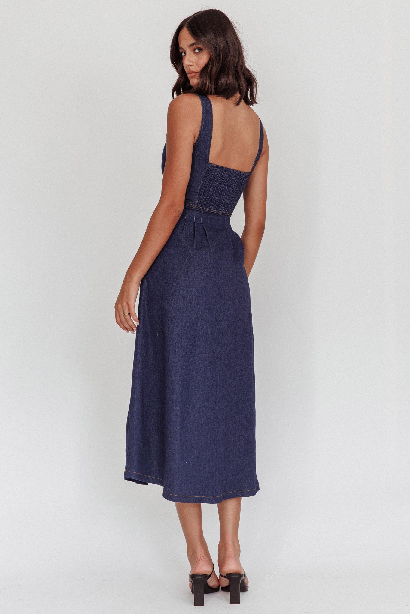 Pixie Dust Button Front Midi Dress Dark Denim - S