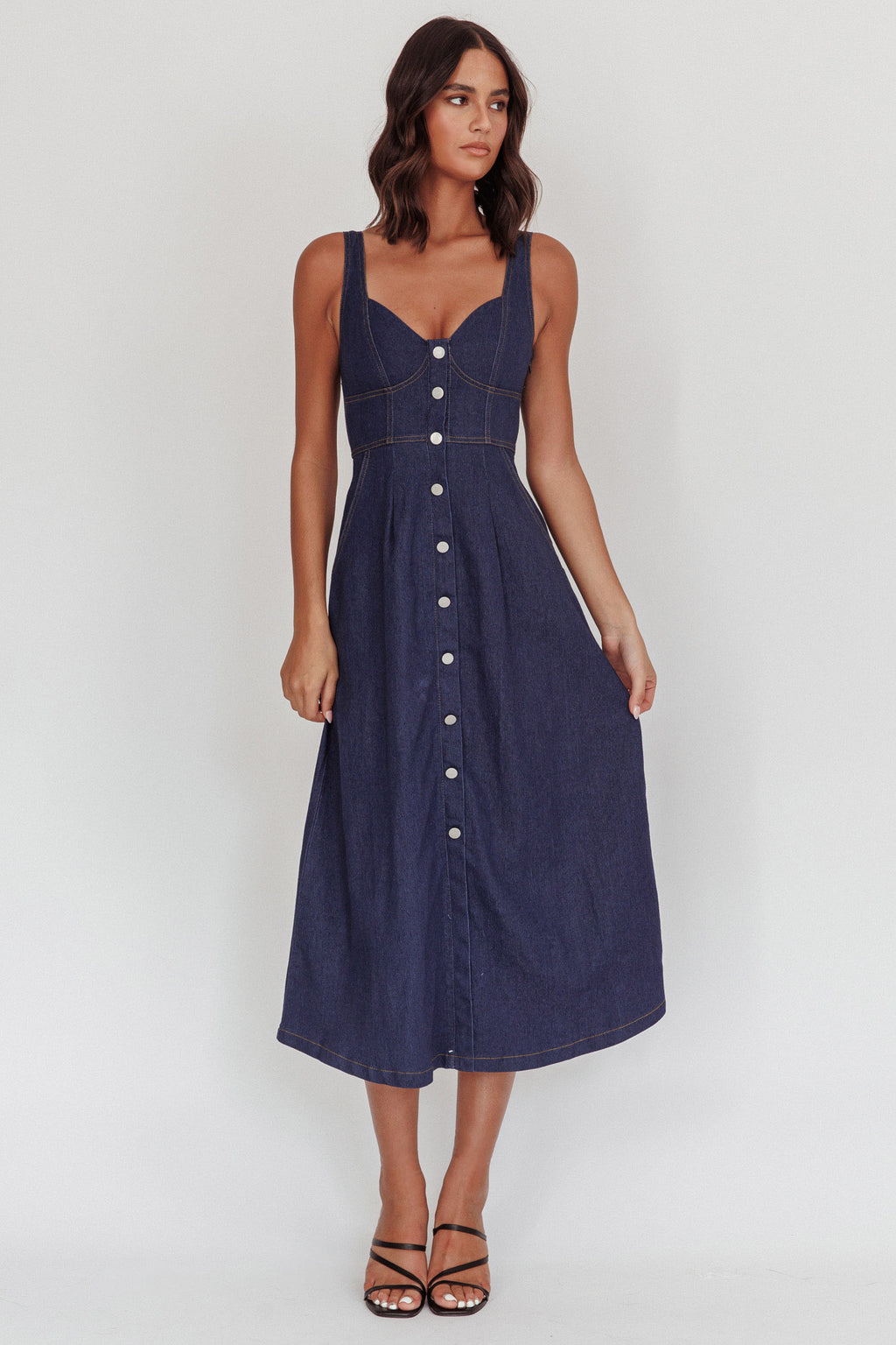 Pixie Dust Button Front Midi Dress Dark Denim by Selfie Leslie