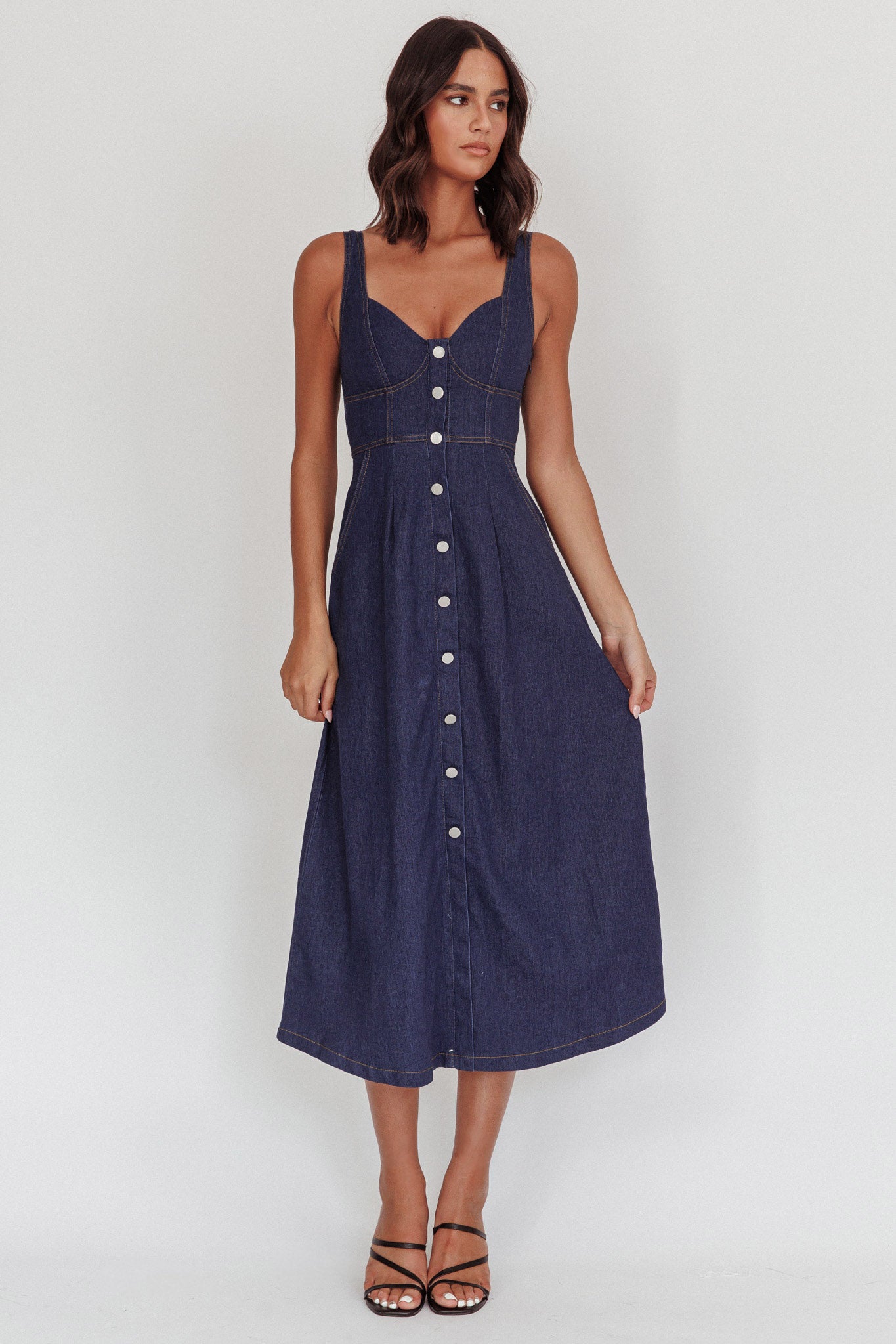 Pixie Dust Button Front Midi Dress Dark Denim by Selfie Leslie