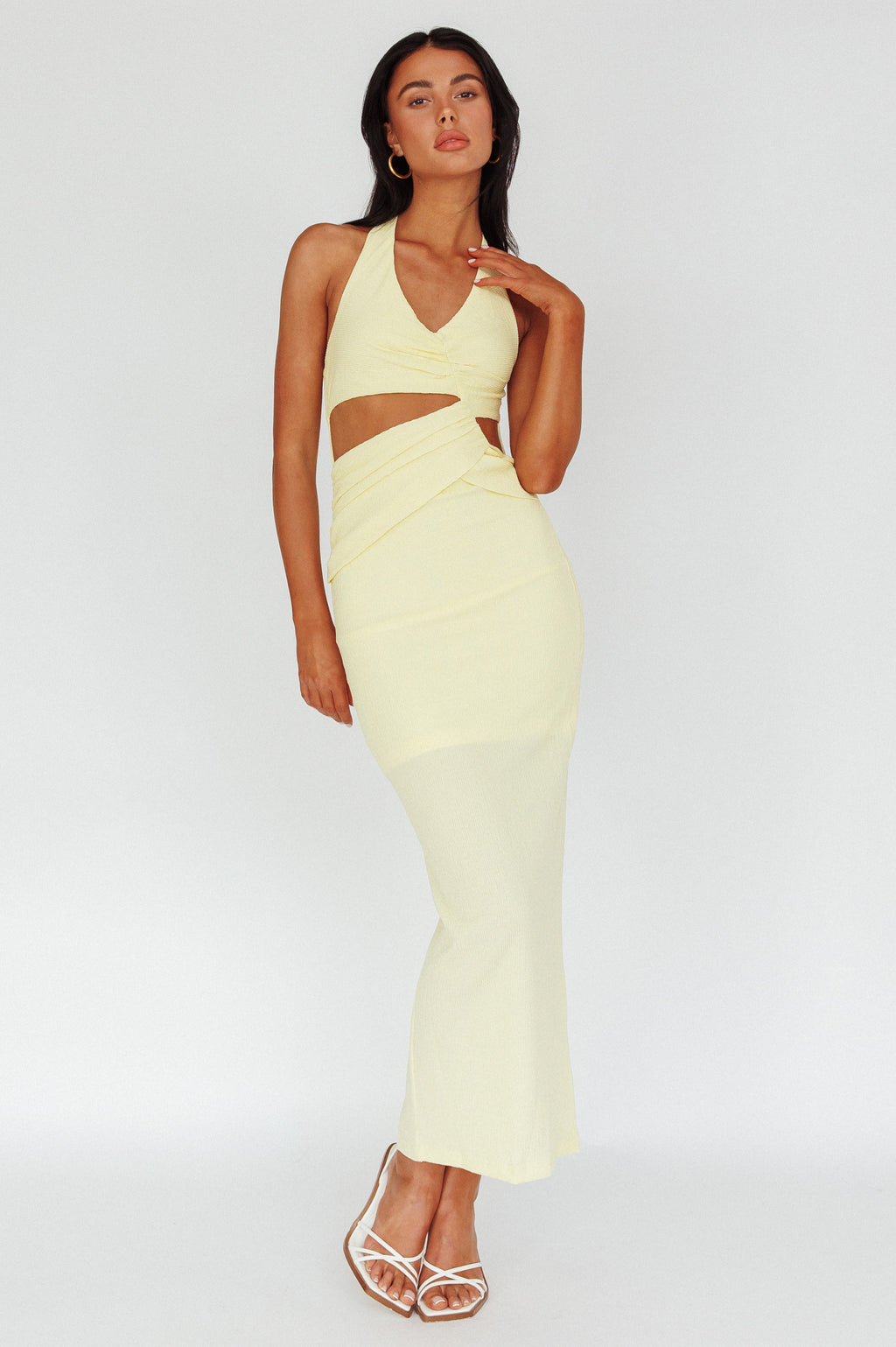 Giulia Cut-out Ribbed Halterneck Midi Dress Butter by Selfie Leslie