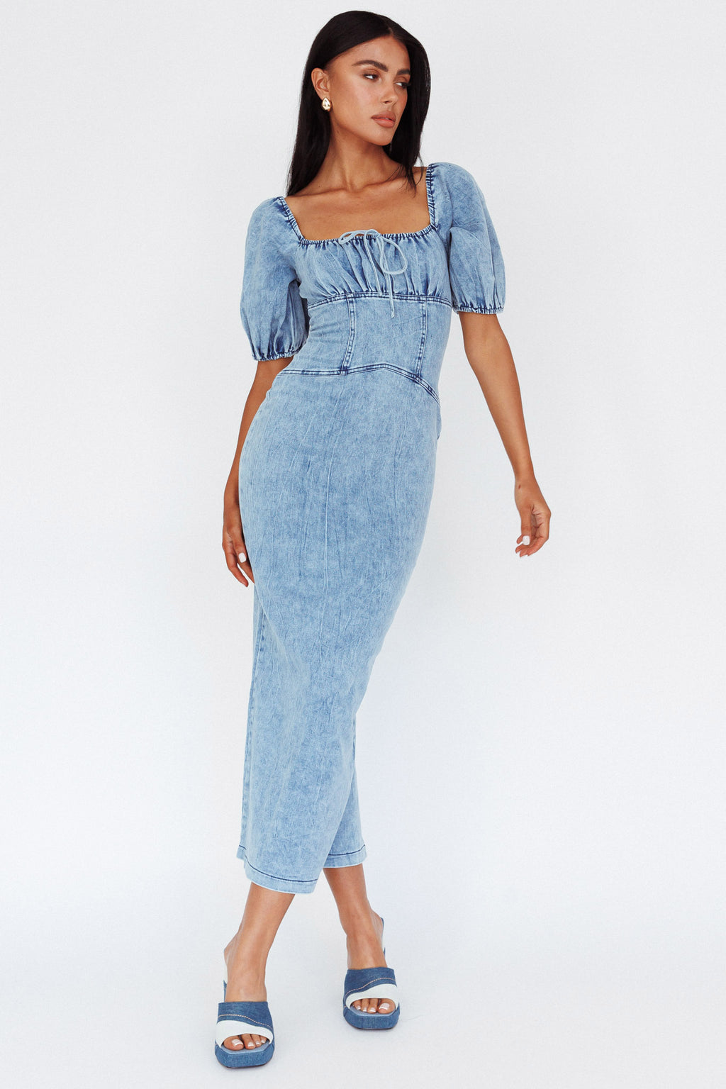 Juneau Puff Sleeve Midi Dress Denim Blue by Selfie Leslie