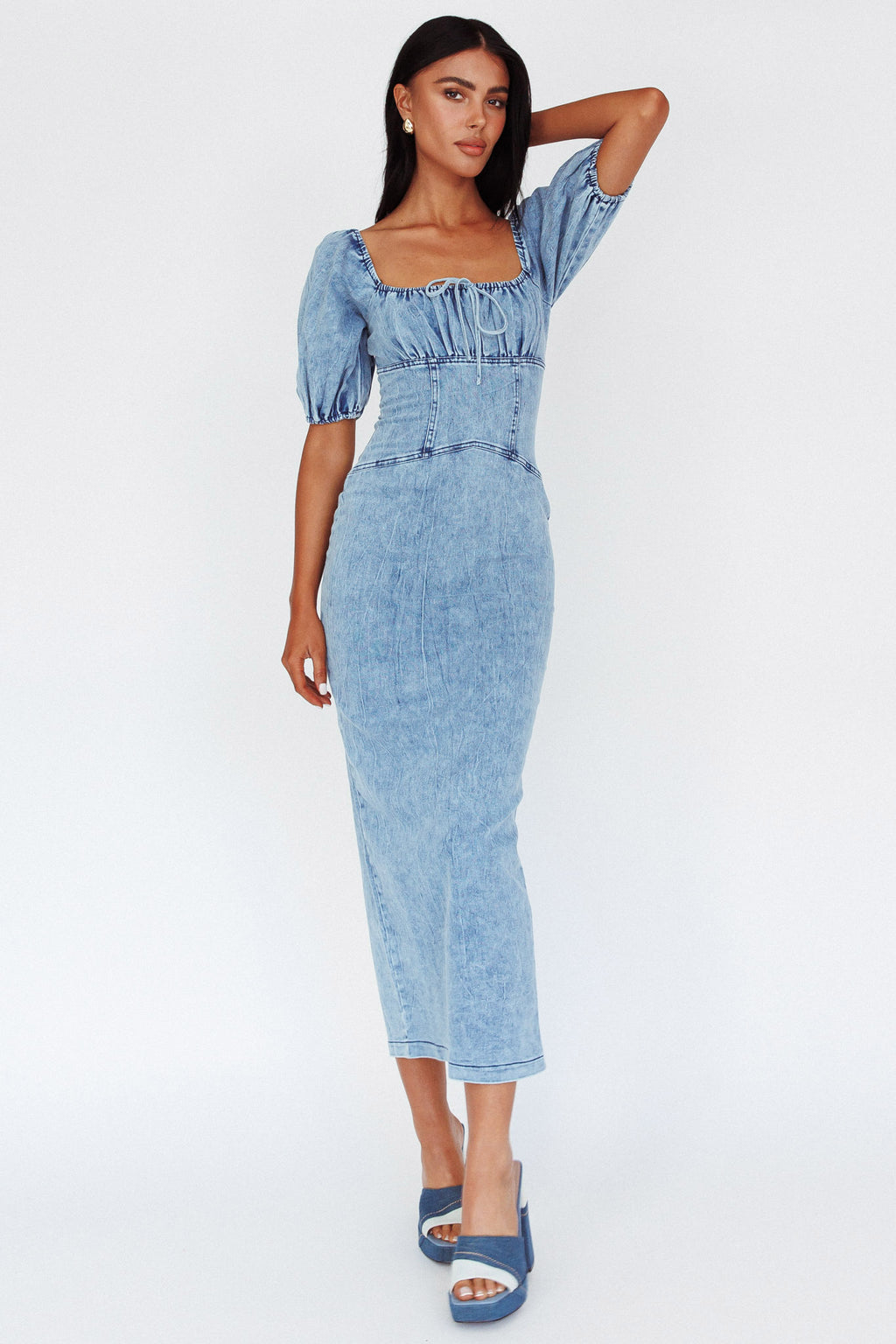 Juneau Puff Sleeve Midi Dress Denim Blue by Selfie Leslie