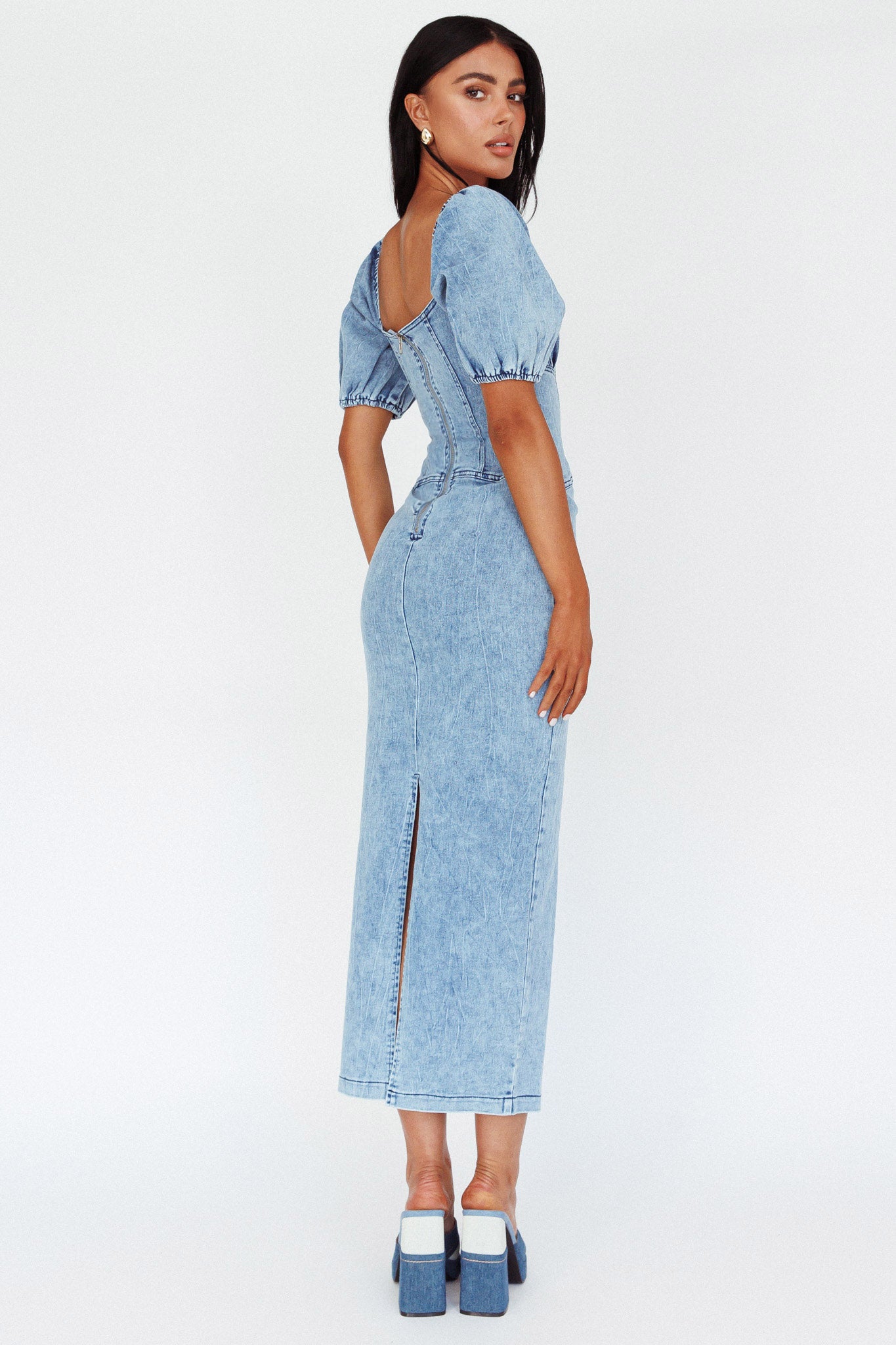 Juneau Puff Sleeve Midi Dress Denim Blue by Selfie Leslie