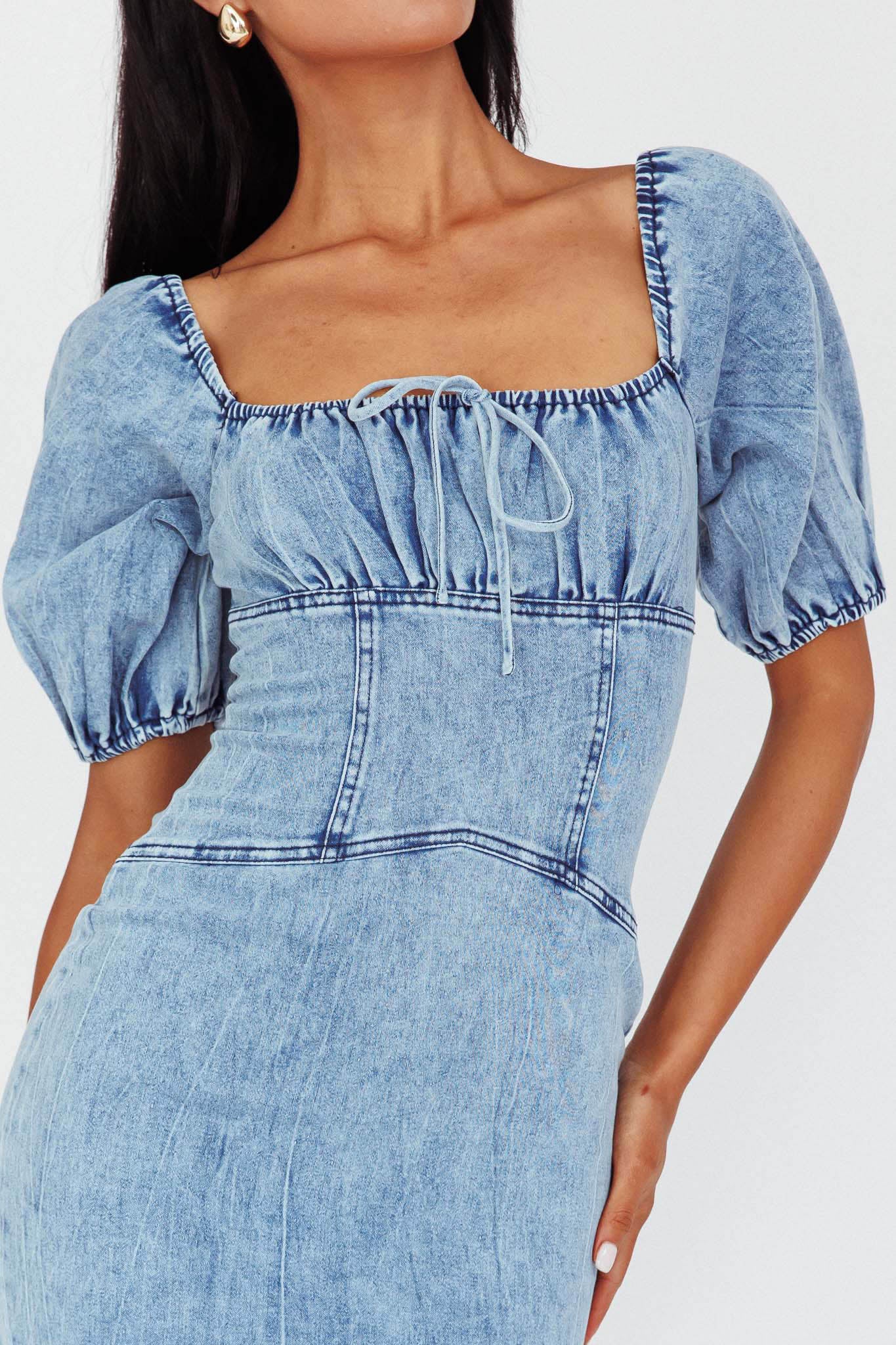 Juneau Puff Sleeve Midi Dress Denim Blue by Selfie Leslie