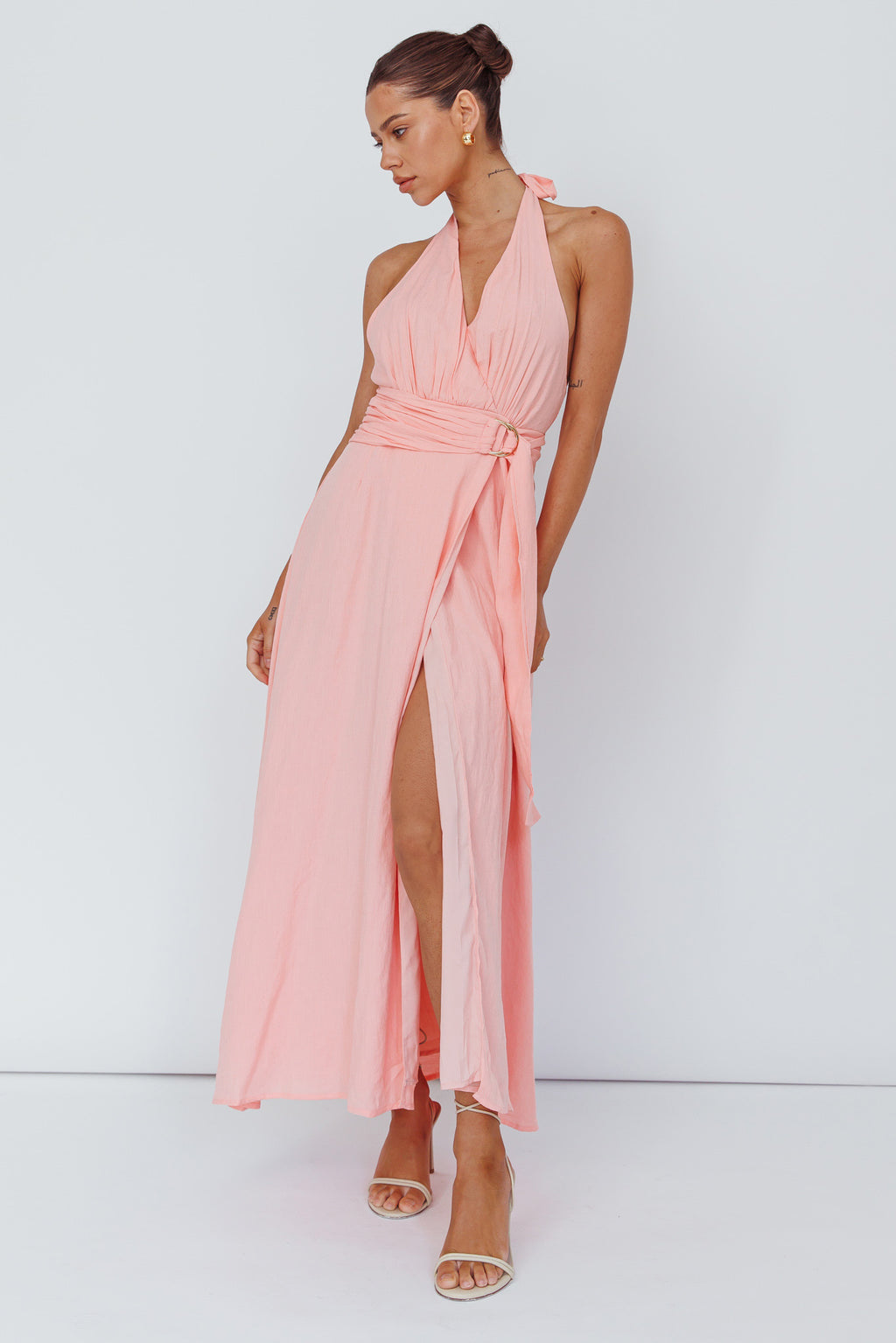 Spring Feels Halterneck Belt Maxi Dress Peach by Selfie Leslie
