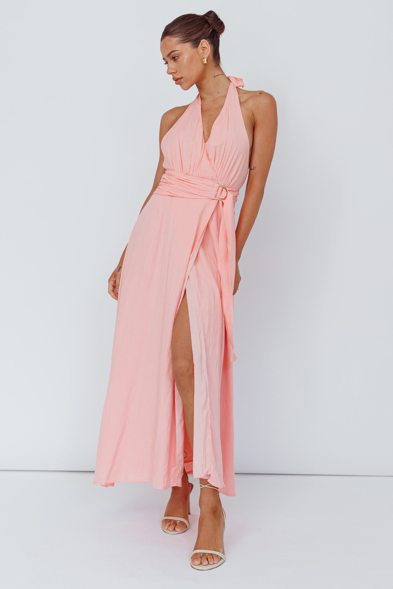 Spring Feels Halterneck Belt Maxi Dress Peach by Selfie Leslie