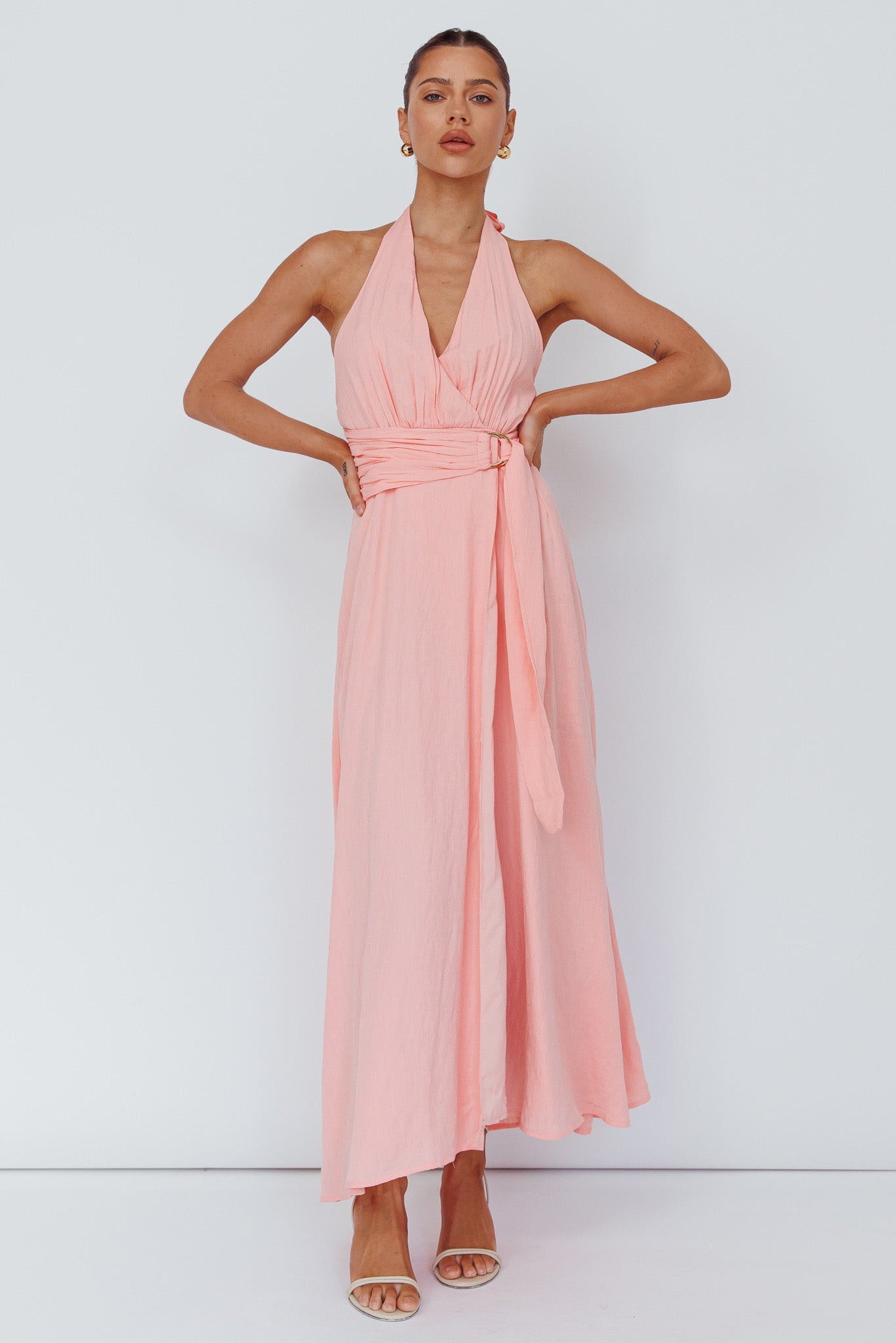 Spring Feels Halterneck Belt Maxi Dress Peach by Selfie Leslie