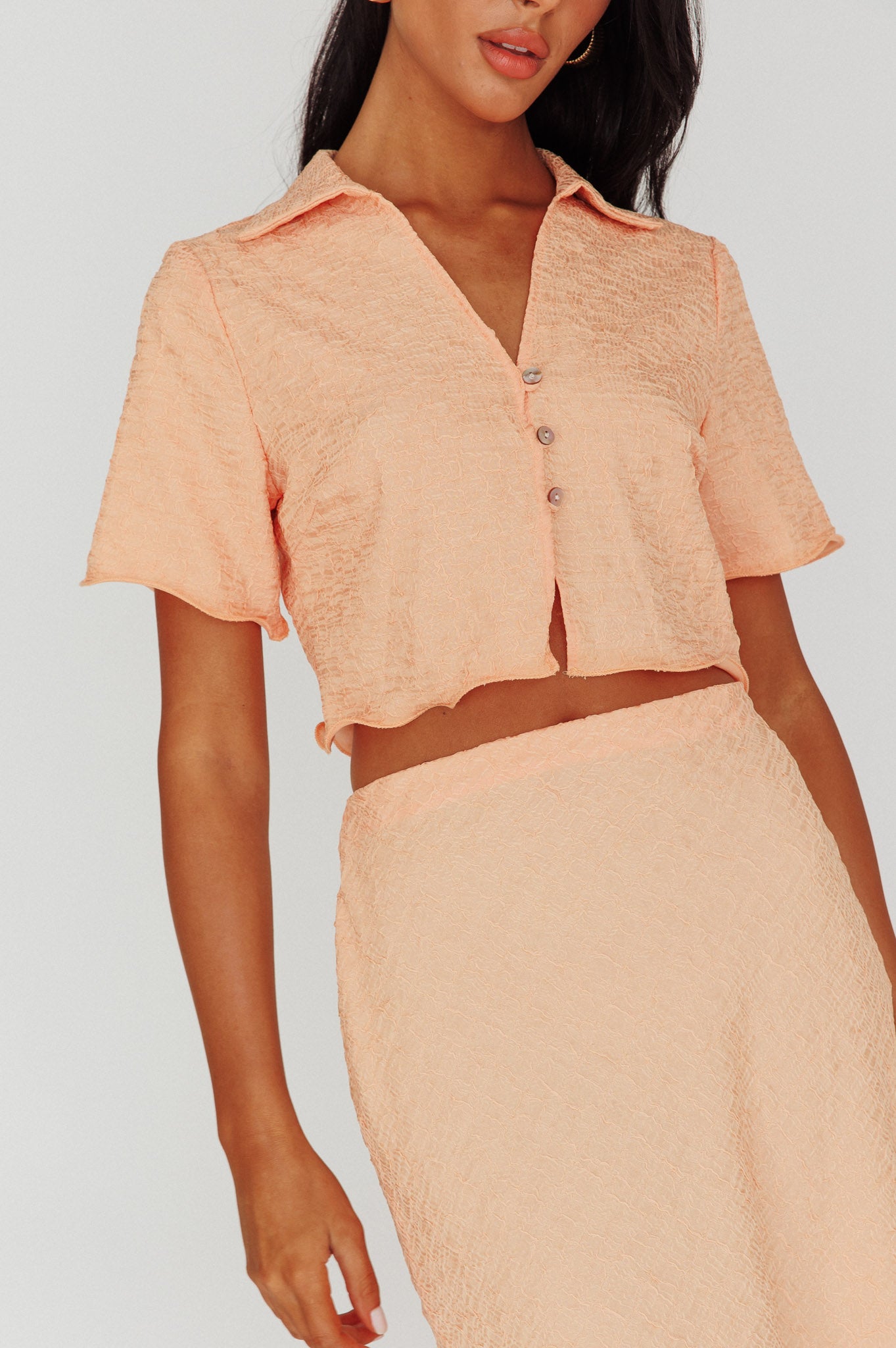 Roman Button-Up Crop Top Textured Melon by Selfie Leslie
