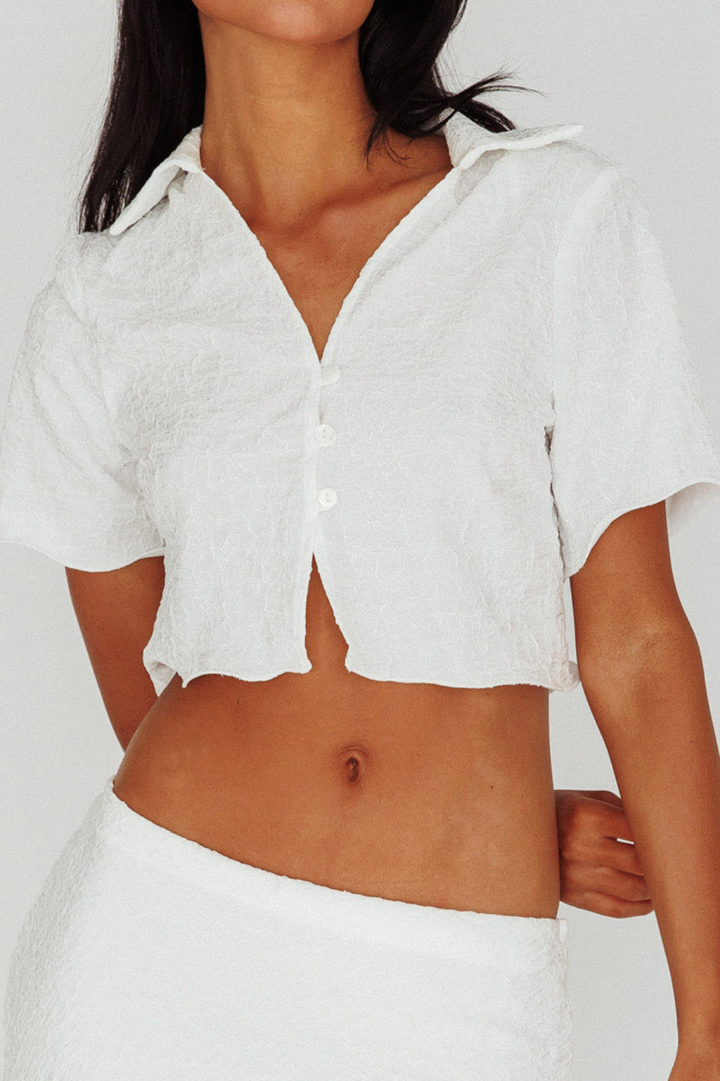 Roman Button-Up Crop Top Textured White by Selfie Leslie