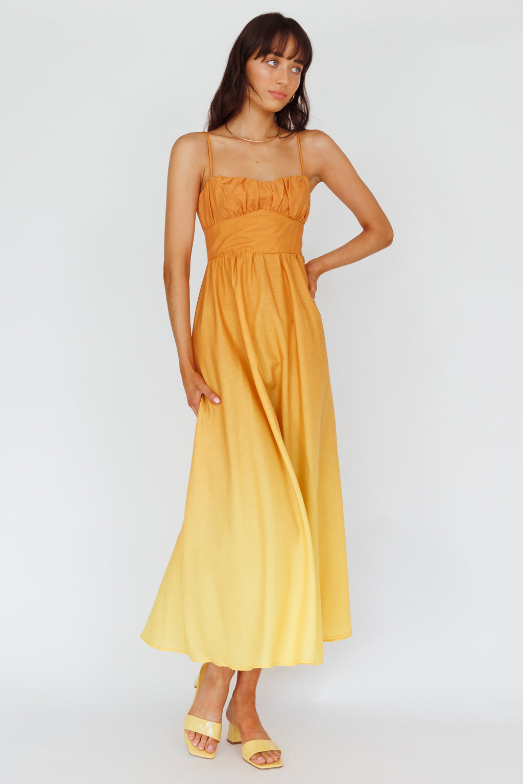 Clarabelle Gathered Bust Midi Dress Gradient Orange by Selfie Leslie