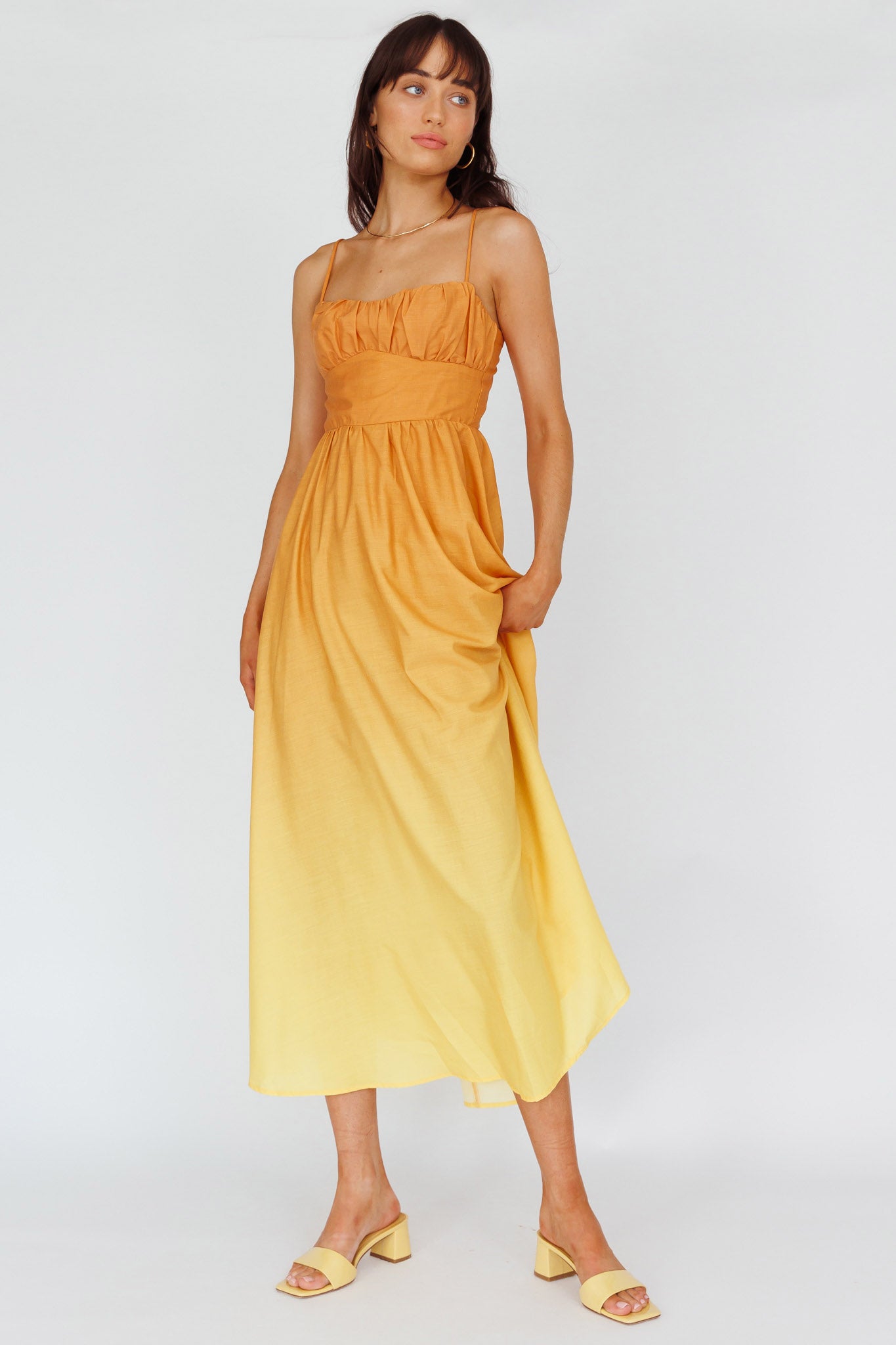 Clarabelle Gathered Bust Midi Dress Gradient Orange by Selfie Leslie