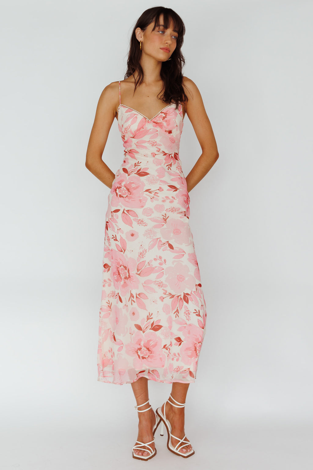Egypt Cami Strap Midi Dress Floral Pink by Selfie Leslie